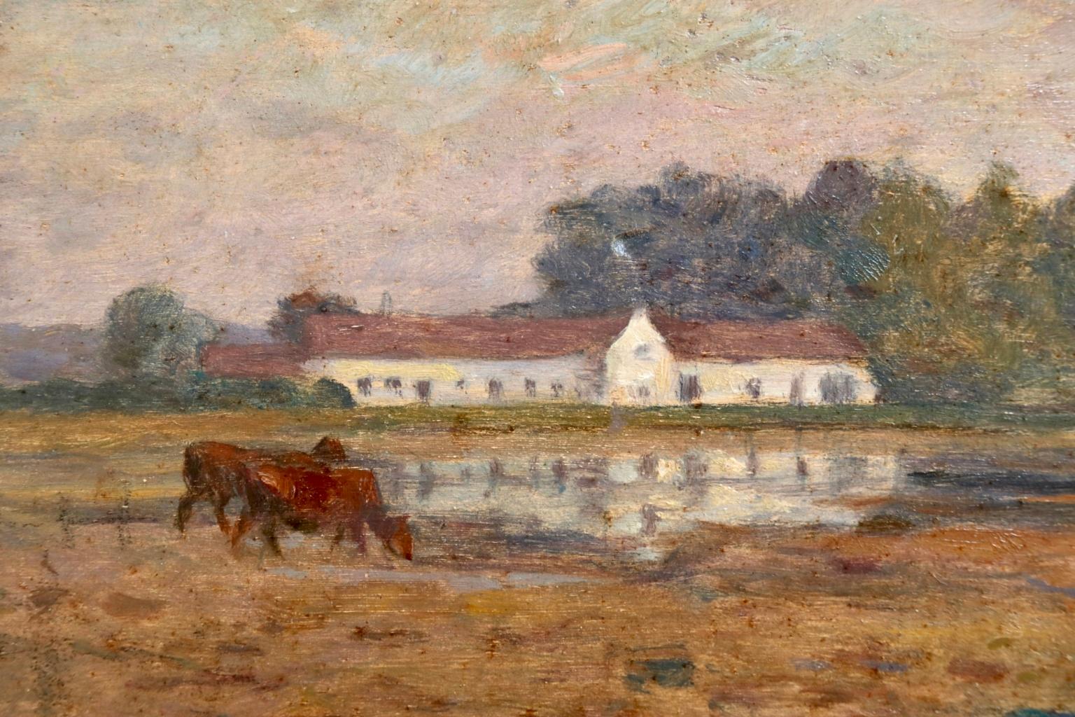 Tending the herd - Impressionist Oil, Figure & Cows in Landscape by Marie Duhem 1