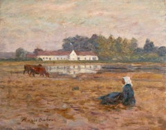 Tending the herd - Impressionist Oil, Figure & Cows in Landscape by Marie Duhem