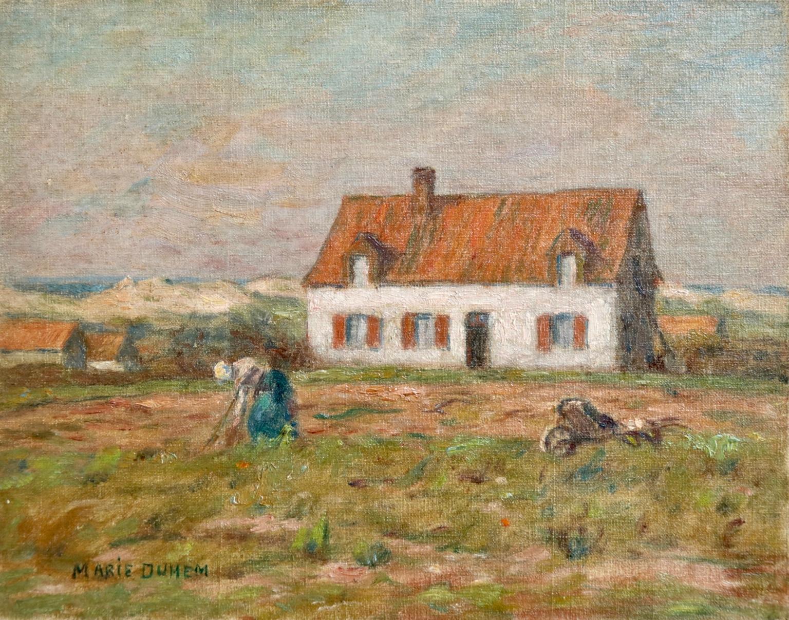 A beautiful oil on board circa 1905 by French impressionist painter Marie Duhem depicting a woman tending to her vegetable patch in front of a house. Signed lower left.

Dimensions:
Unframed: 7.5"x9.5"
This painting is not currently framed but a