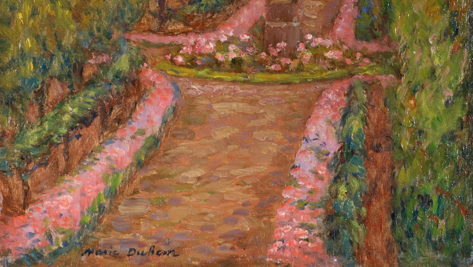 Le jardin de l'artiste - Paysage impressionniste - Peinture à l'huile signée par Marie Duhem en vente 1