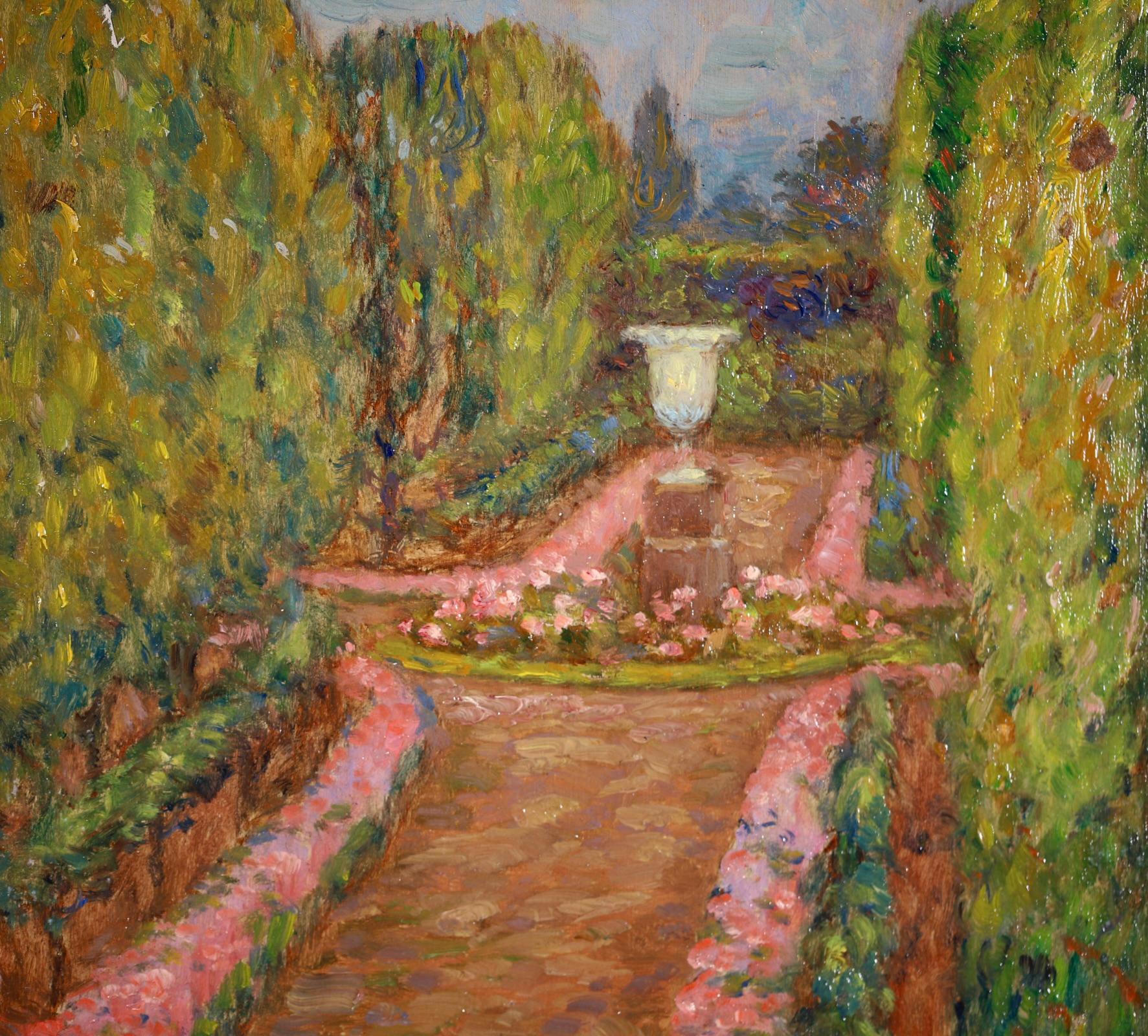 Impressionist garden landscape oil on panel painting circa 1902 by French painter Marie Duhem. The work depicts a white ornate planter in the centre of a garden path. The paths are lined with beds of pink flowers and green hedges. White clouds are