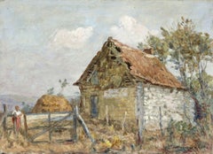 « The Old Farm » (La vieille ferme) - Huile du XIXe siècle:: figures sur un paysage de ferme par Marie Duhem