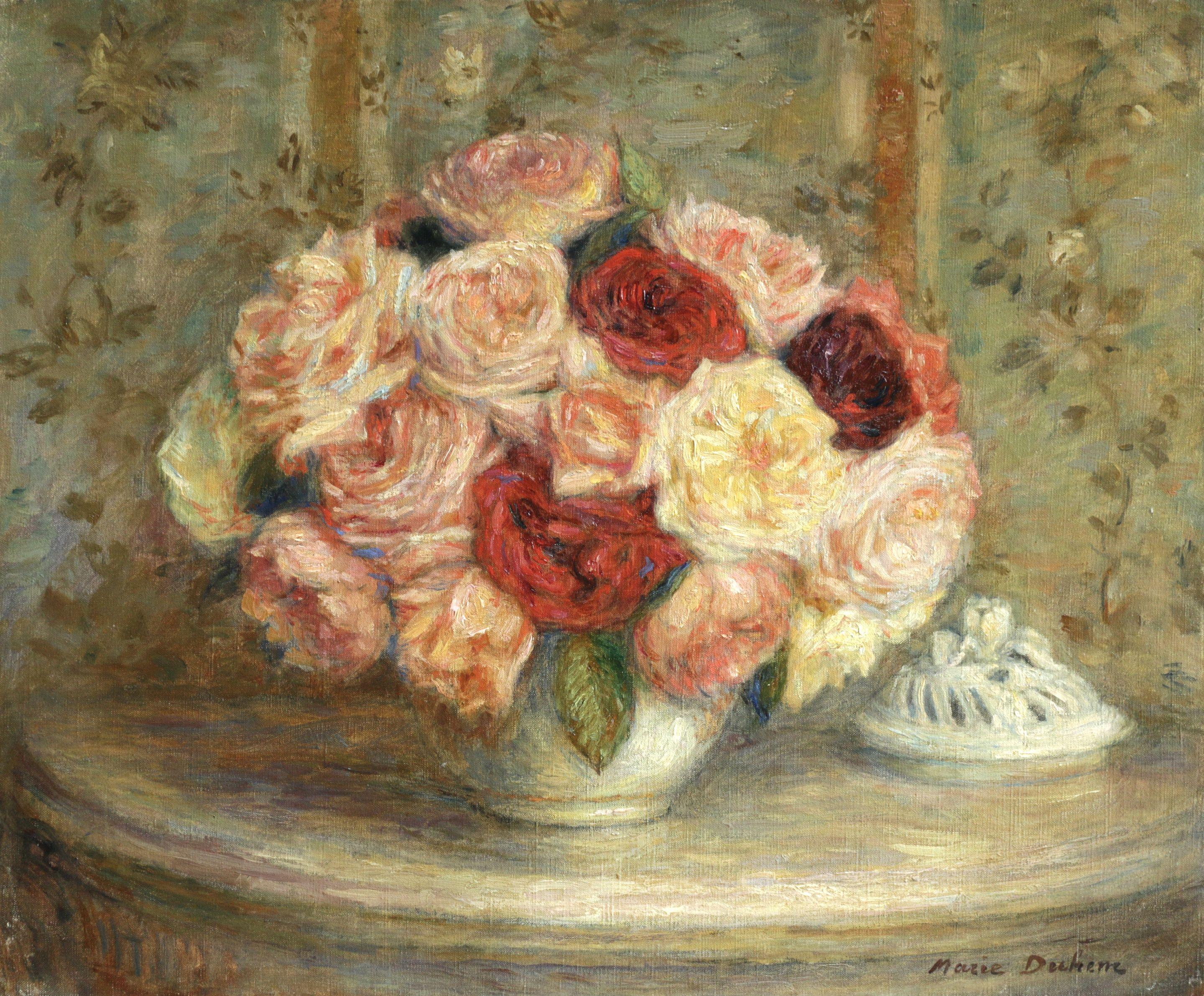 Marie Duhem Still-Life Painting - "Touffe de Roses" Duhem C.19th French Impressionist Still Life Roses In Interior