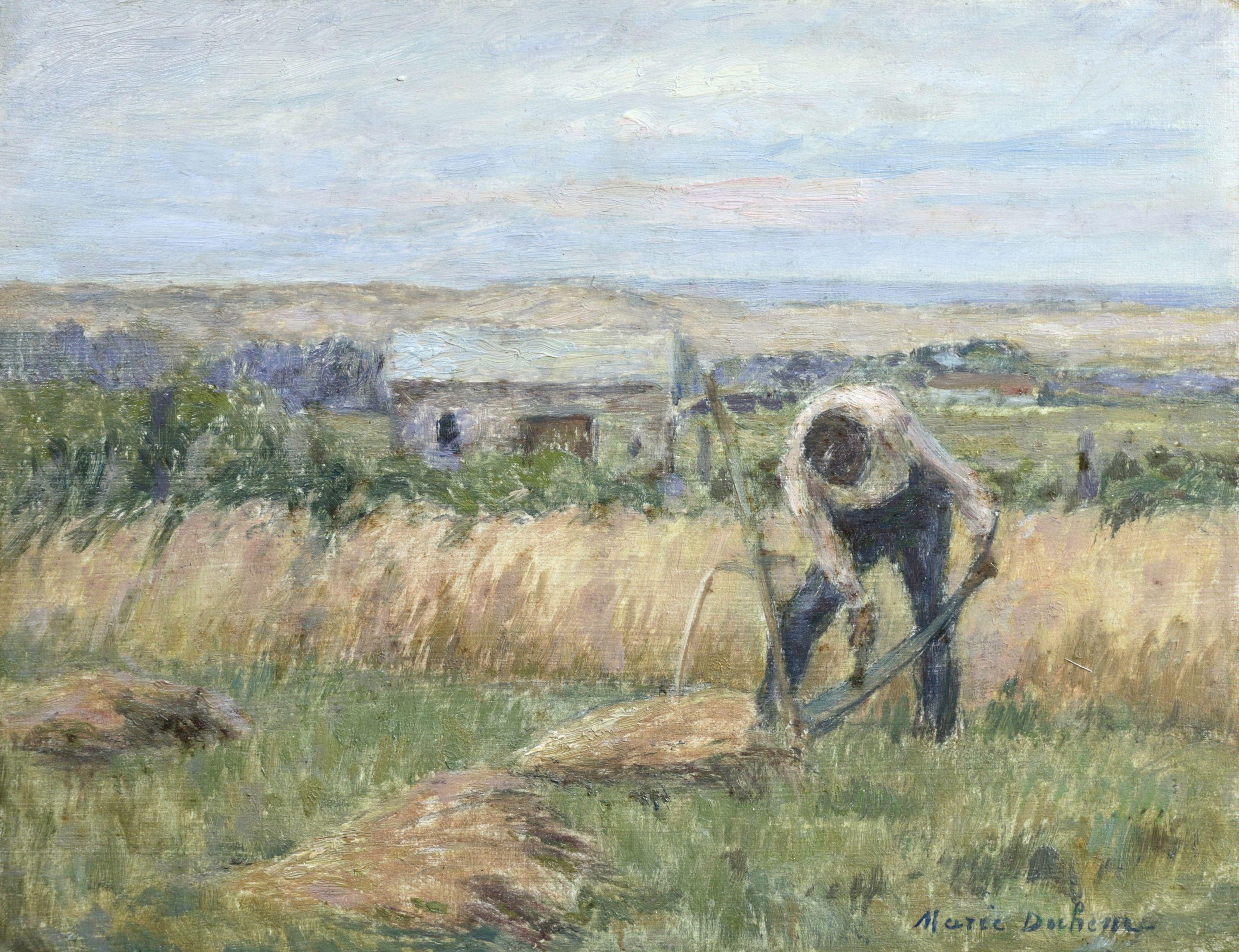 Marie Duhem Figurative Painting - Working the Fields, Duhem 19th Century Impressionist Figure in Landscape
