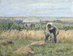 Working the Fields, Duhem 19th Century Impressionist Figure in Landscape
