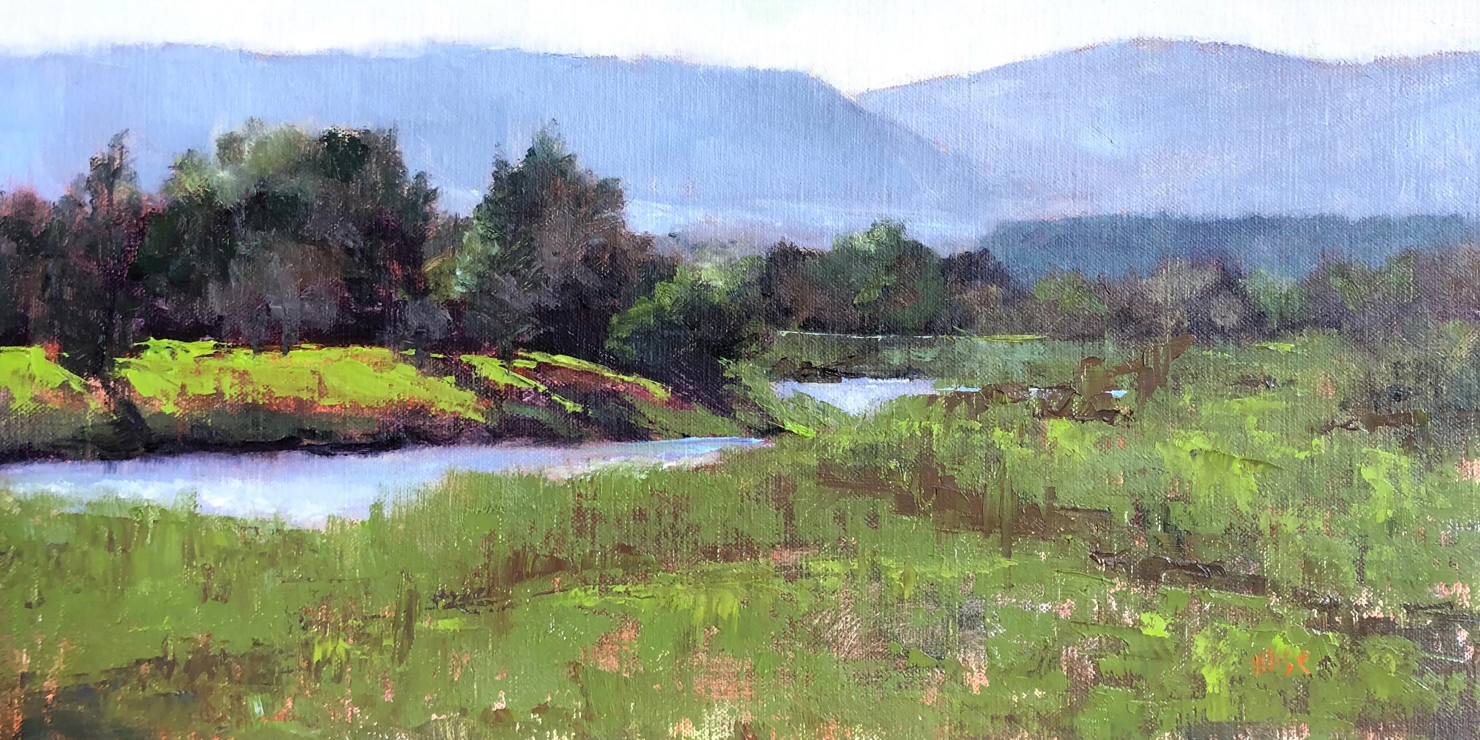 Marie Figge Wise Landscape Painting - Lower Roaring Fork (river, reflections, purple mountains, lush)