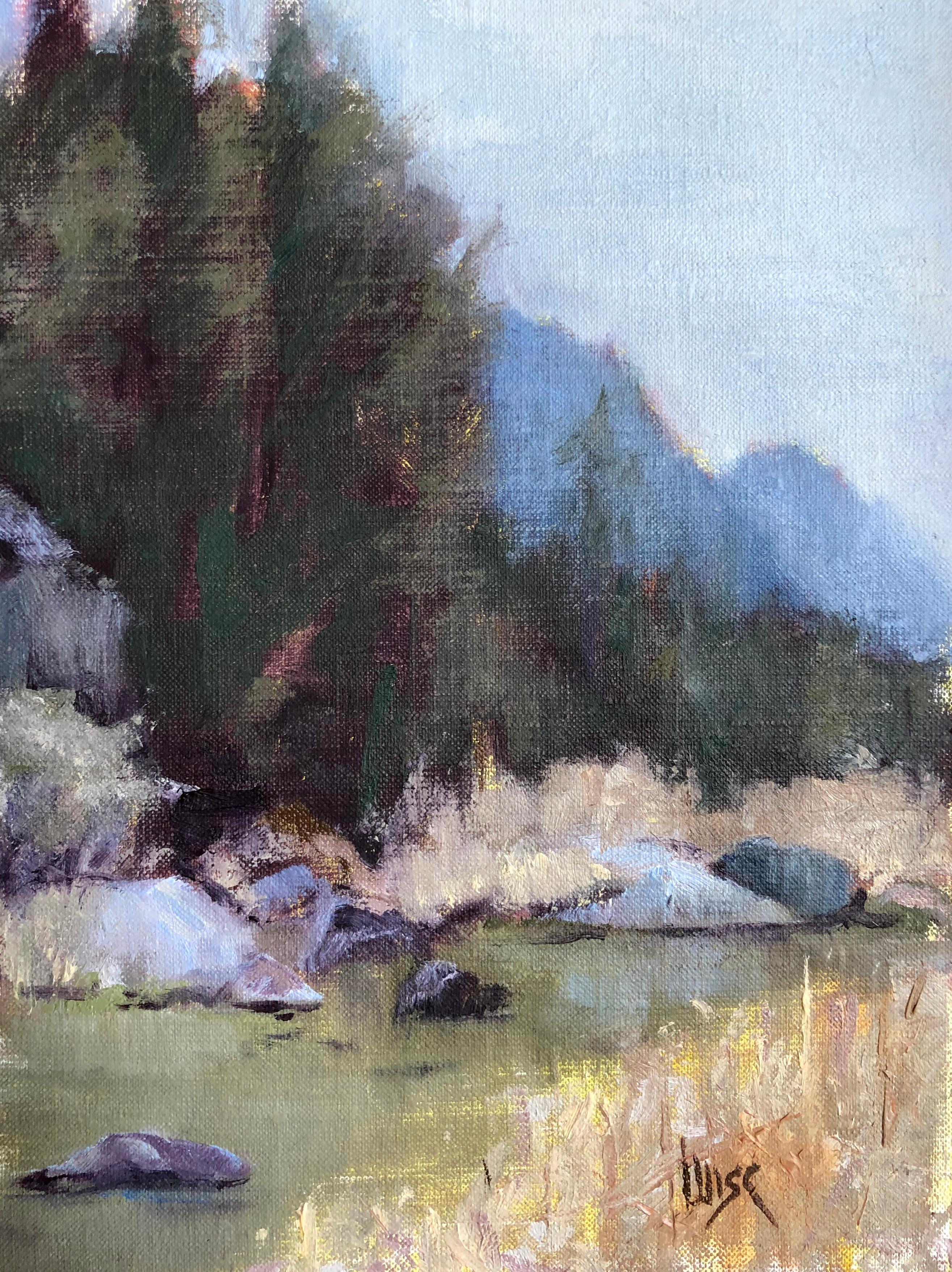 Marie Figge Wise Landscape Painting - Stream (reflections, verdant landscape, mountain silhouettes)