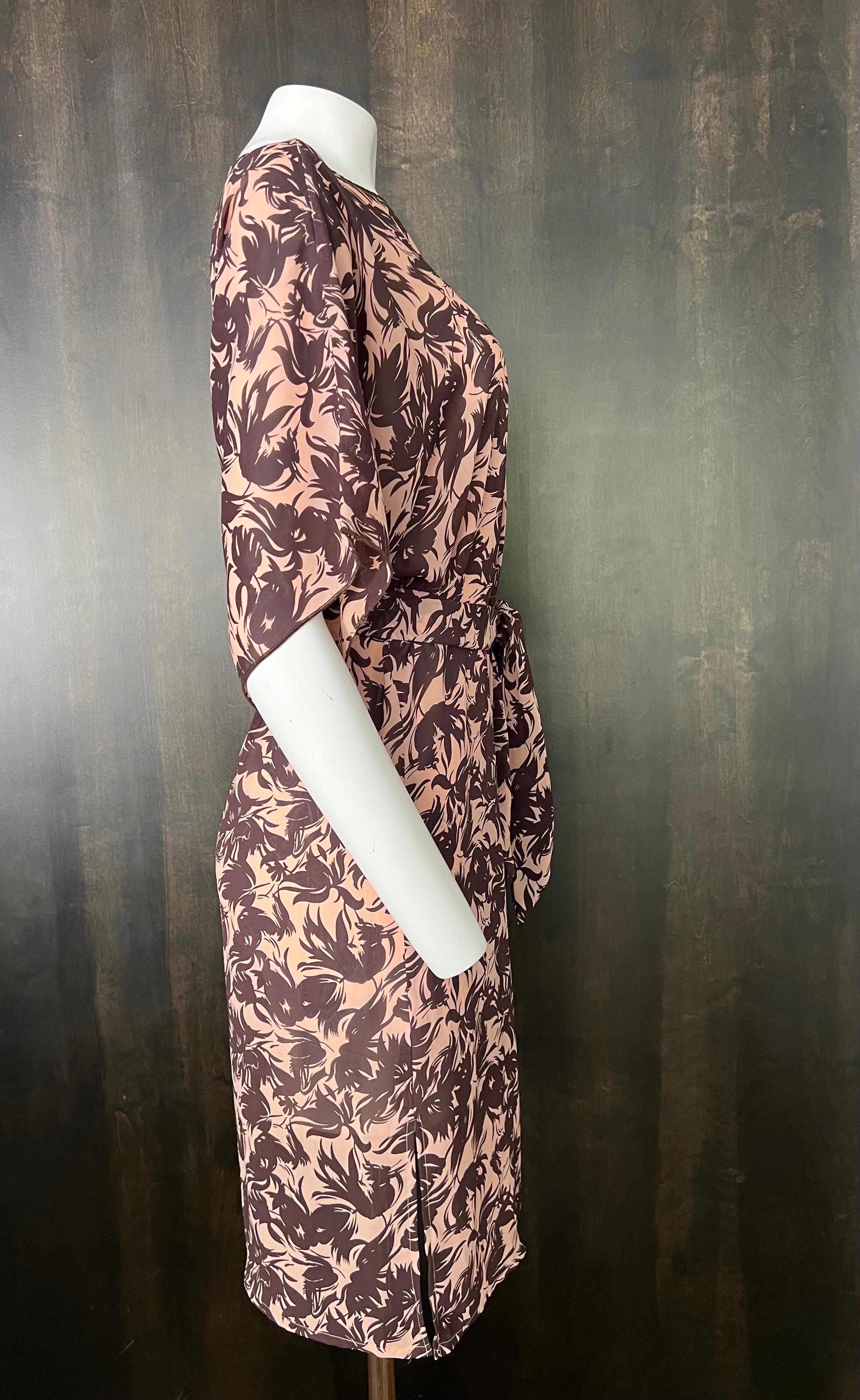 Marie France Brown & Beige Silk Midi Dress, Size XS For Sale 5