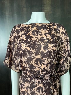 Marie France Brown & Beige Silk Midi Dress, Size XS