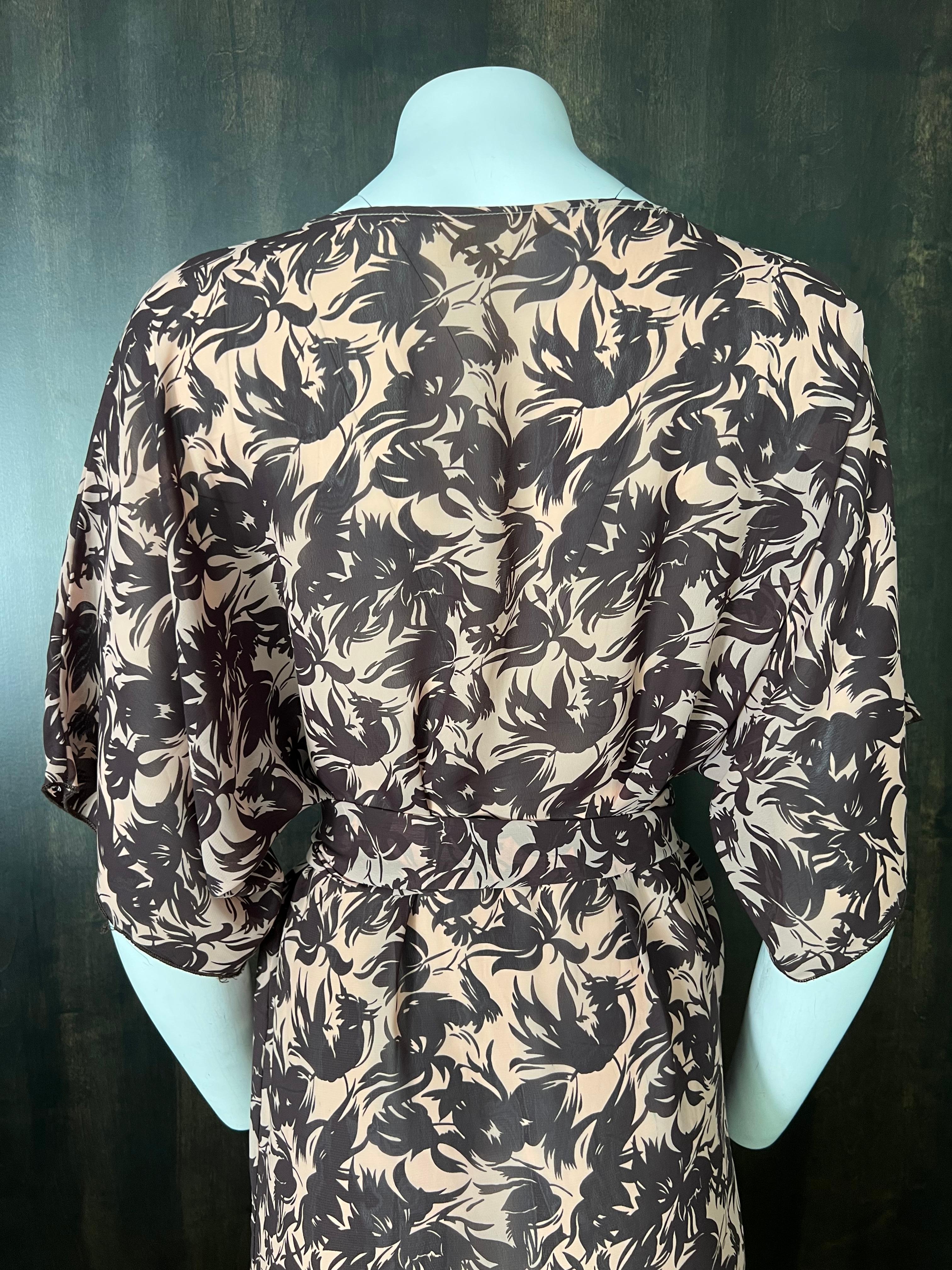 Women's Marie France Brown & Beige Silk Midi Dress, Size XS For Sale
