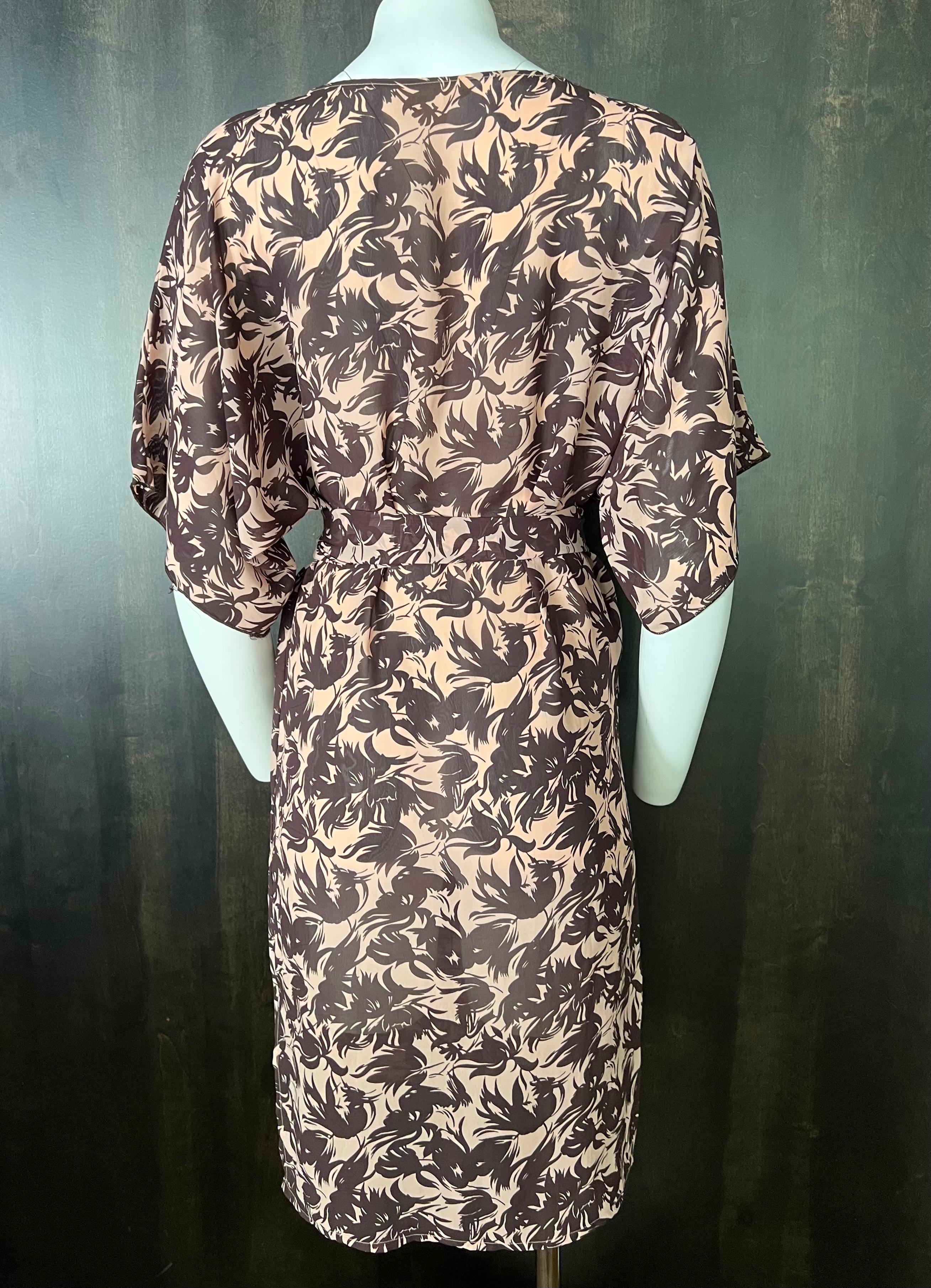 Marie France Brown & Beige Silk Midi Dress, Size XS For Sale 4