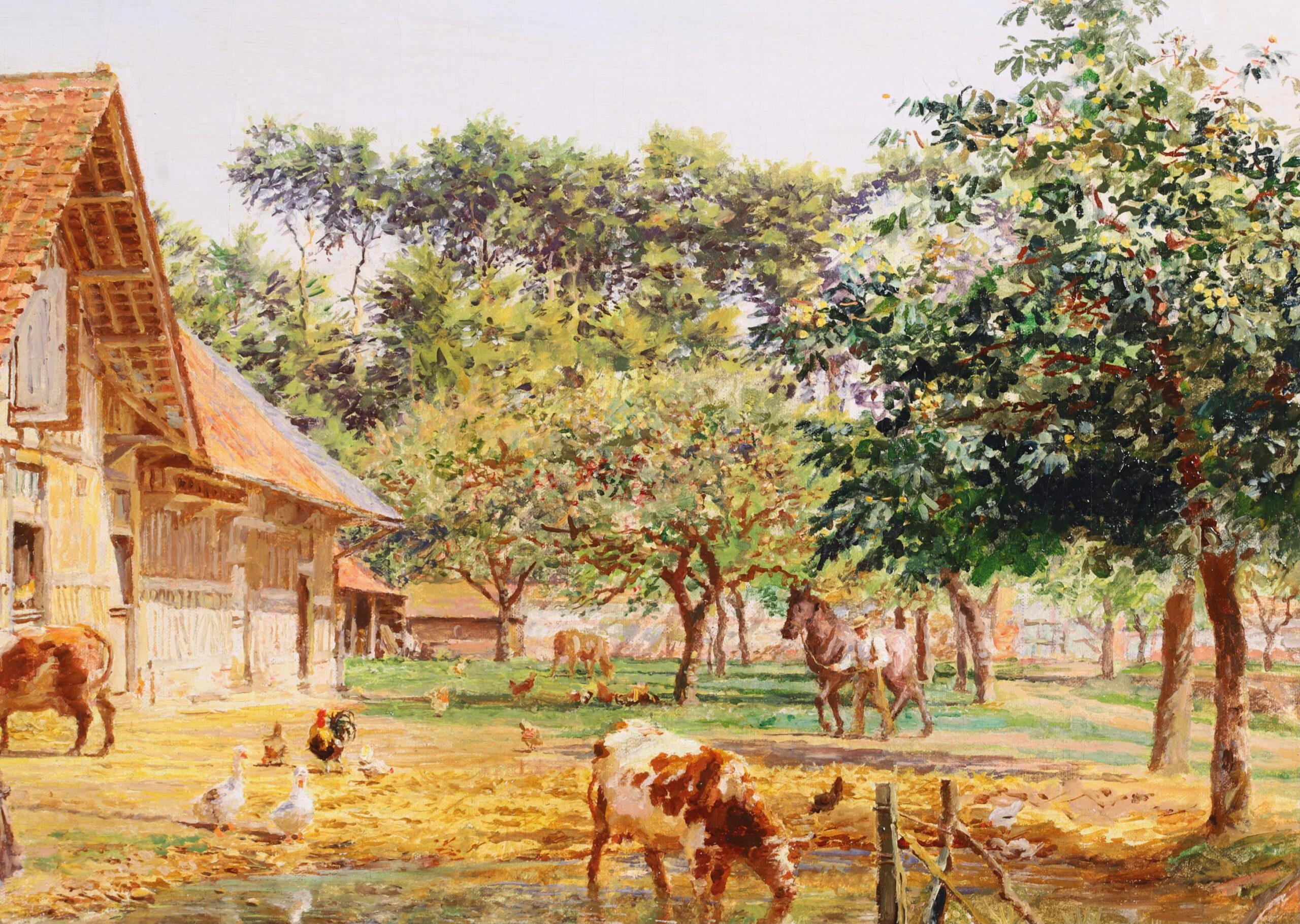 Signed landscape oil on canvas circa 1890 by French Academic painter Marie-Francois Firmin-Girard. The work depicts a farmyard filled with animals - cows, horses, chickens and ducks.

Signature:
Signed lower left

Dimensions:
Framed: