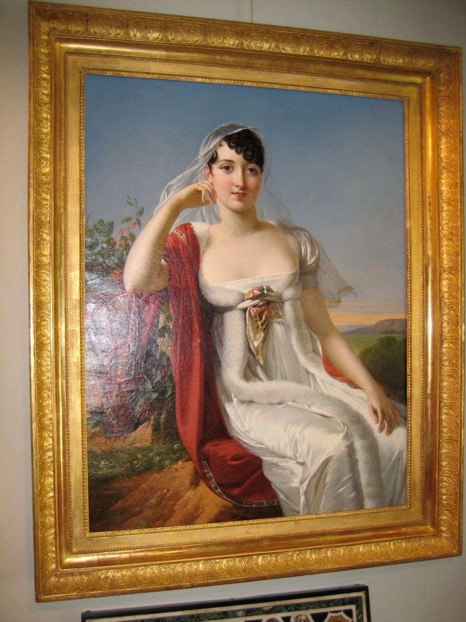 Portrait of an elegant Lady with romantic landscape on the foreground - Painting by Marie-Guillemine Benoist