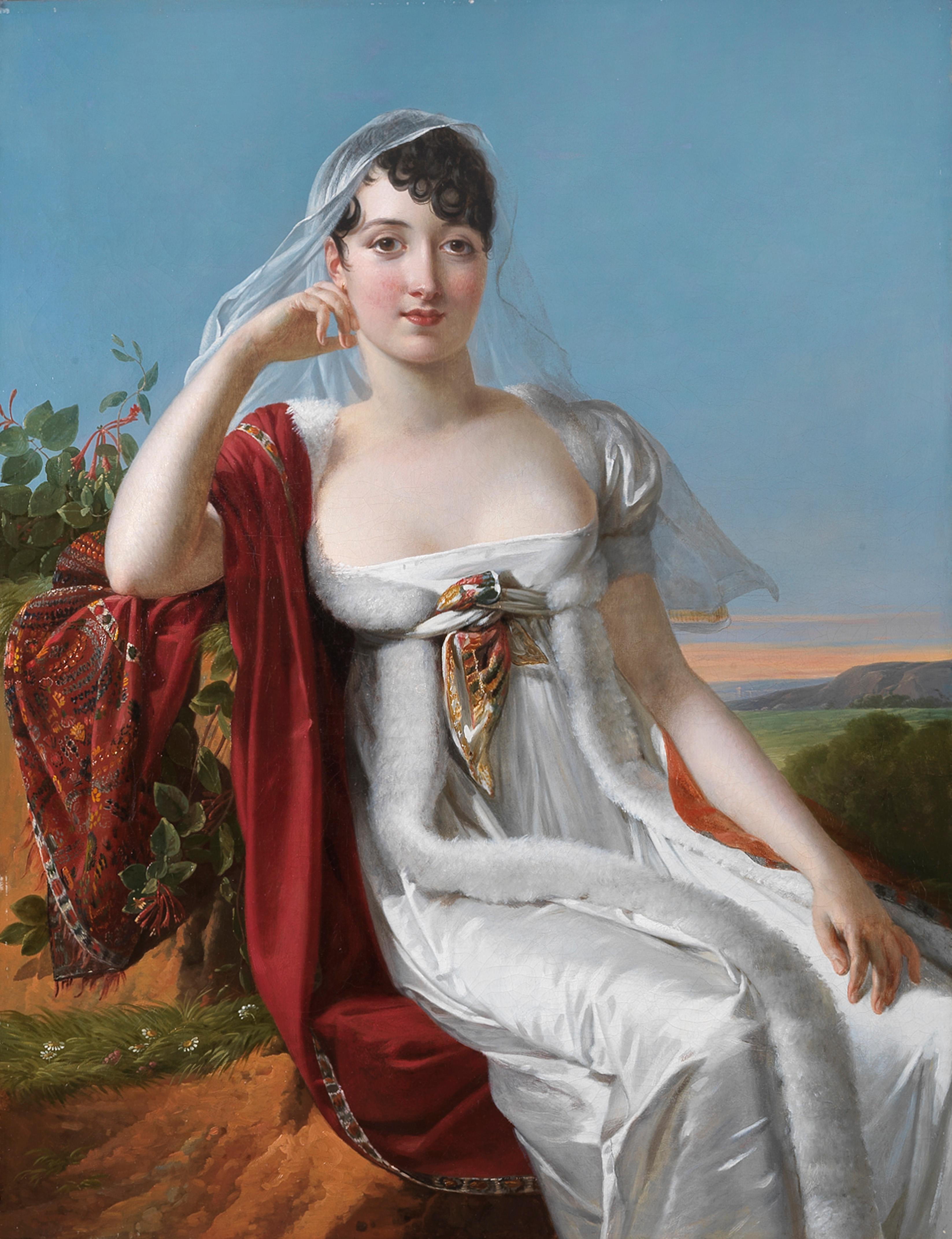 Marie-Guillemine Benoist Portrait Painting - Portrait of an elegant Lady with romantic landscape on the foreground