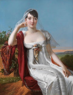 Porträt einer eleganten Dame mit romantischer Landschaft im Vordergrund