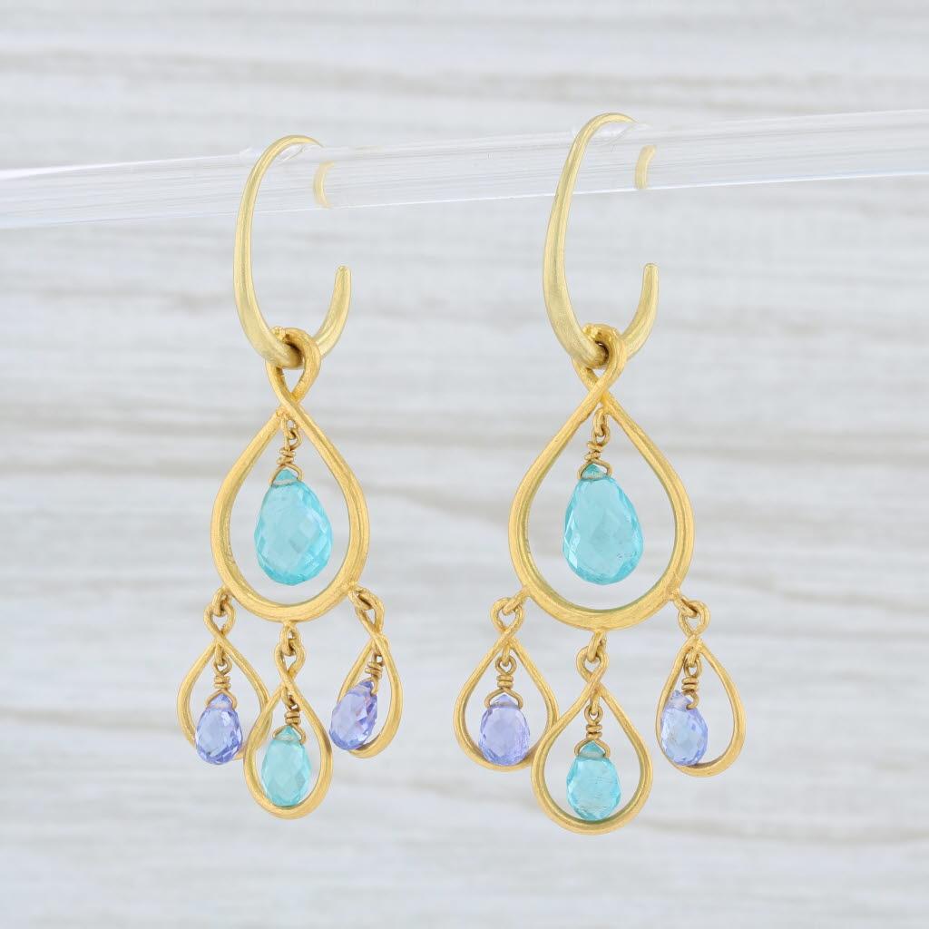 Briolette Cut Marie Helene de Taillac Blue Apatite Tanzanite Briolette Earrings 22k Gold