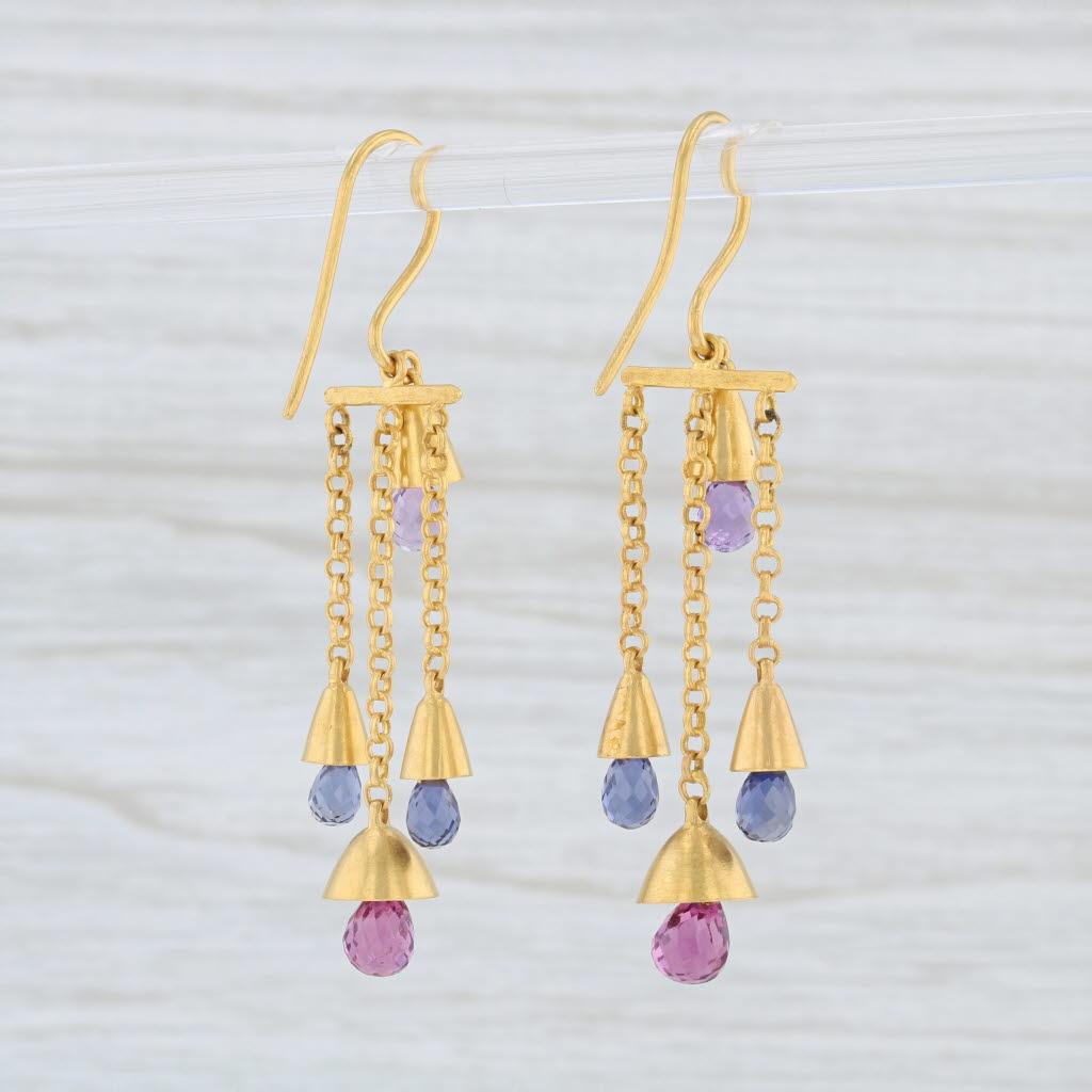 Marie Helene de Taillac Gemstone Briolette Bell Earrings 18k 22k Gold Amethyst In Good Condition For Sale In McLeansville, NC