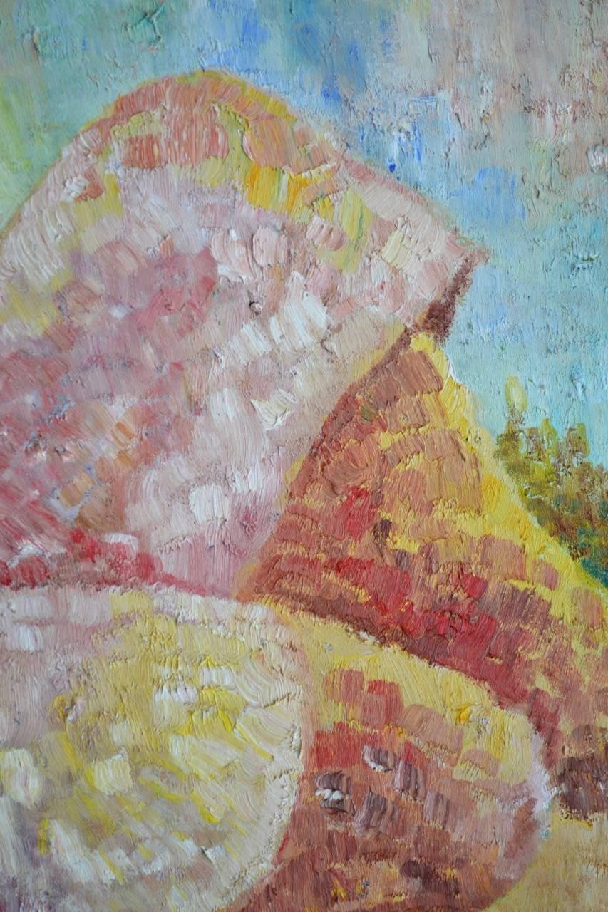 Sehr farbenfrohes Öl auf Leinwand von der bekannten französischen Künstlerin und Illustratorin Marie-Helene Mouyon, die in Paris ausgestellt hat. Diese idyllische Sommerszene zeigt eine liegende Figur, die den gelben Hut als Schattenspender vor der