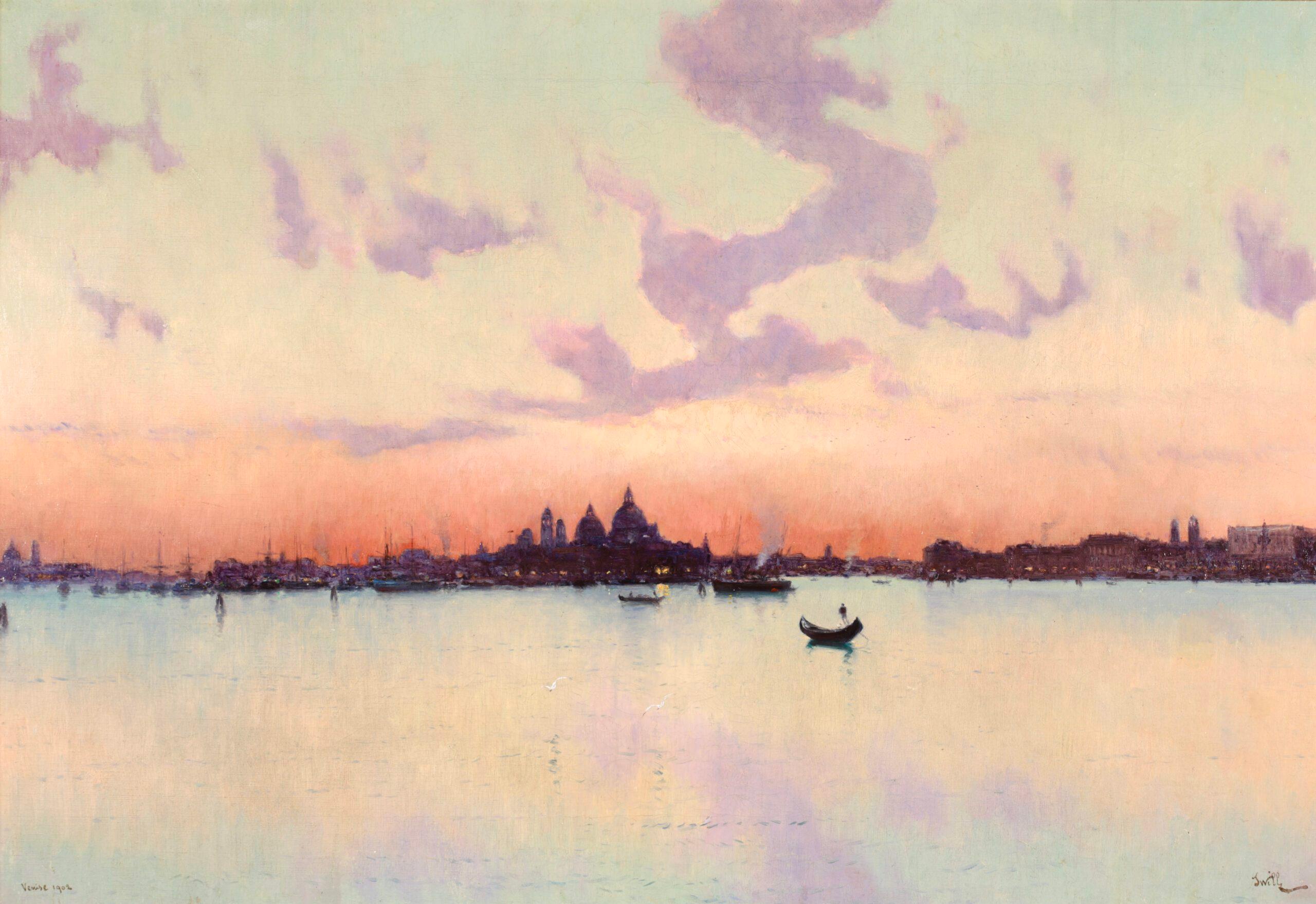 Sunset - Venice 1902 -  Post Impressionist Landscape Oil by Joseph Clavel - Painting by Marie Joseph Léon Clavel