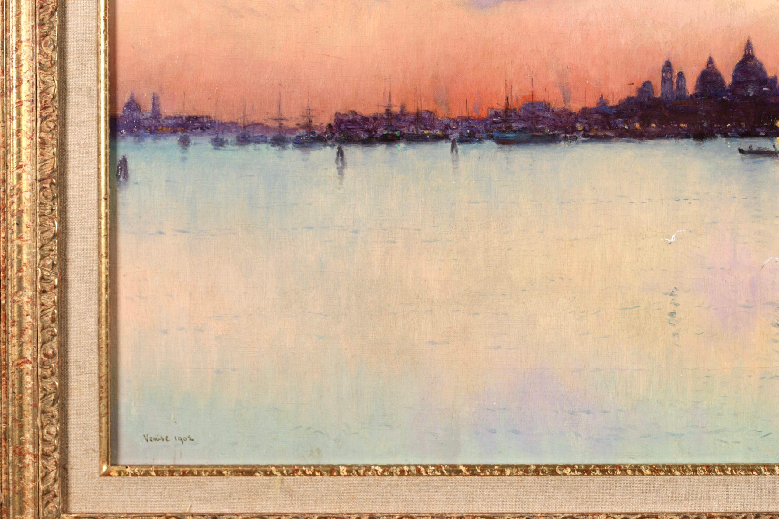 Sunset - Venice 1902 -  Post Impressionist Landscape Oil by Joseph Clavel For Sale 6