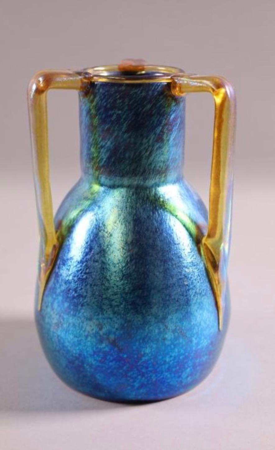 Marie Kirschner for Loetz 3 handled Art Glass Vase 9