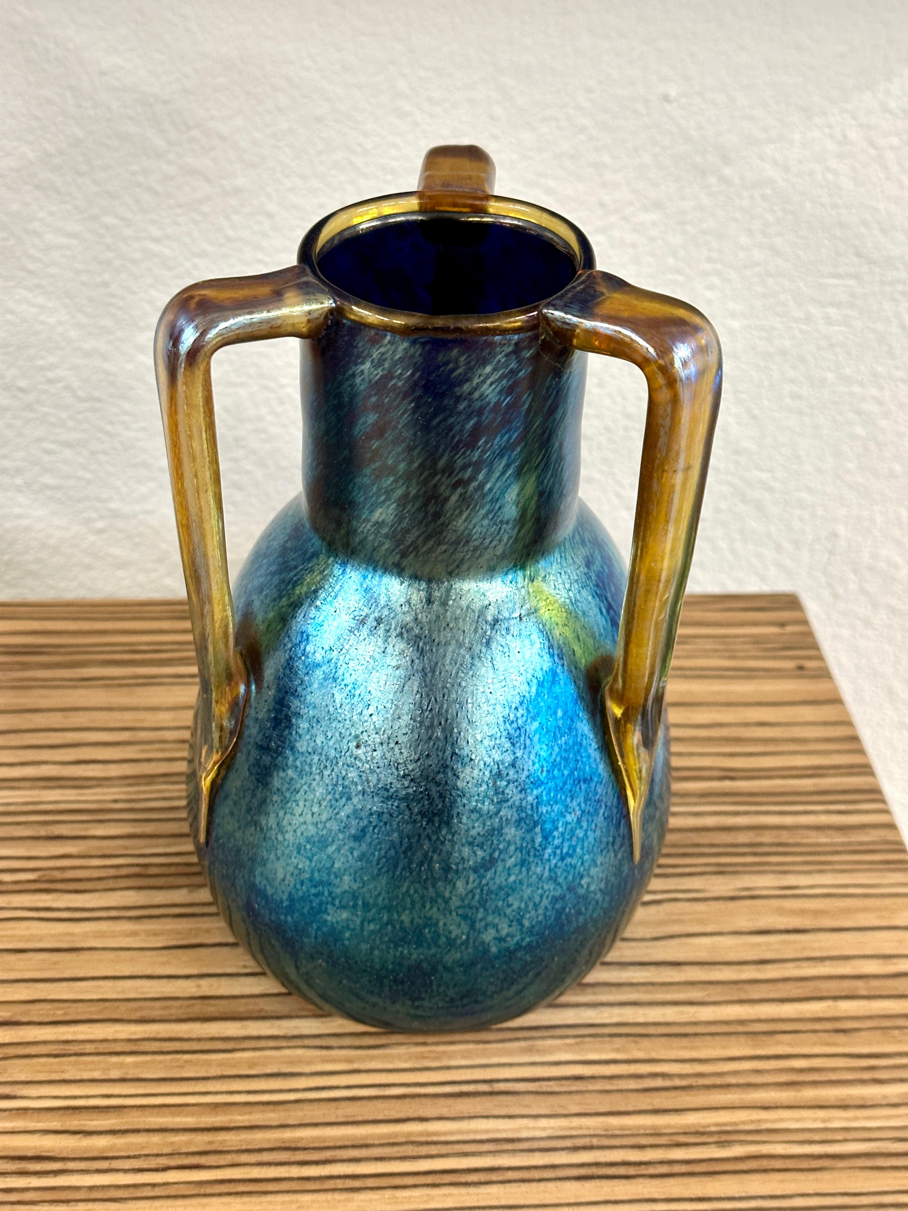 Czech Marie Kirschner for Loetz 3 handled Art Glass Vase