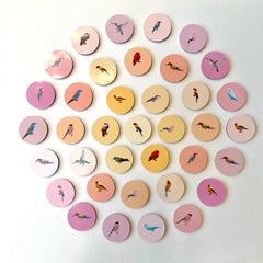 Aves 3: arte mural contemporáneo 3D circular inspirado en la naturaleza con pájaros rosa anaranjados