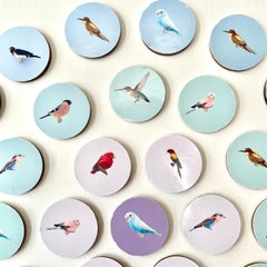 Aves 4: arte mural contemporáneo 3D circular inspirado en la naturaleza con pájaros azules y morados