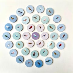 Aves 4: arte mural contemporáneo 3D circular inspirado en la naturaleza con pájaros azules y morados