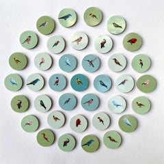 Aves 5: arte mural contemporáneo en círculo 3D inspirado en la naturaleza con pájaros verde azulados