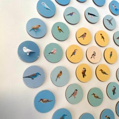 Aves 7: arte mural contemporáneo 3D circular inspirado en la naturaleza con pájaros azules y amarillos