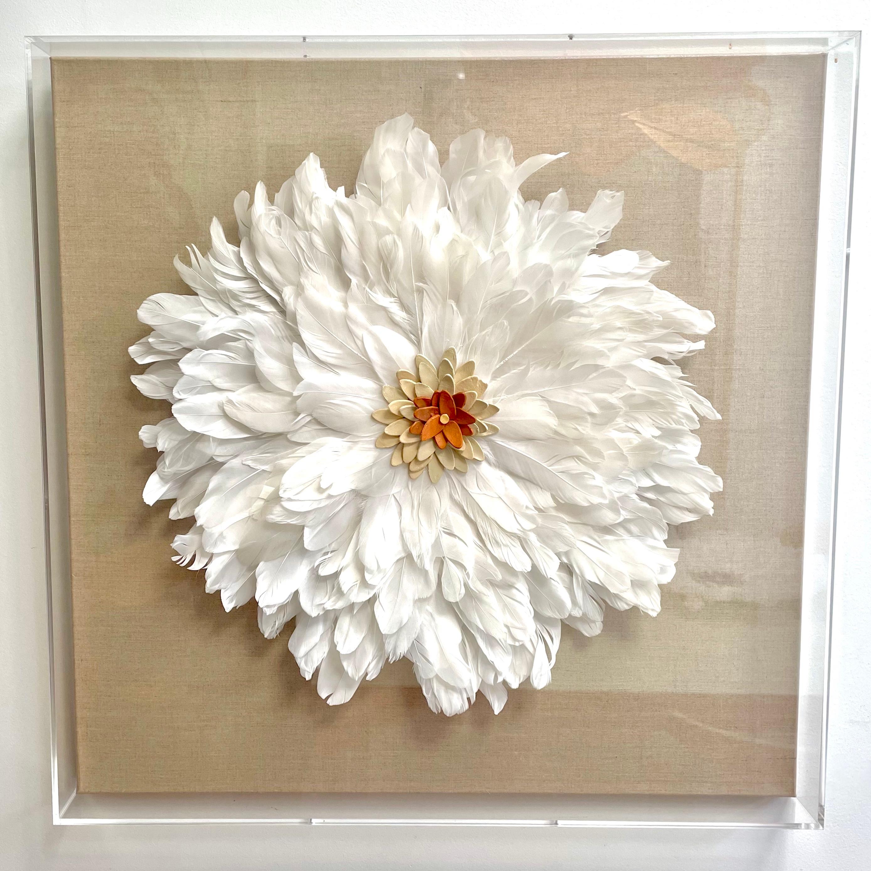 Flores 1 - 3D nature inspired floral composition feather, clay in plexiglass box - Contemporary Mixed Media Art by Marie Laforey