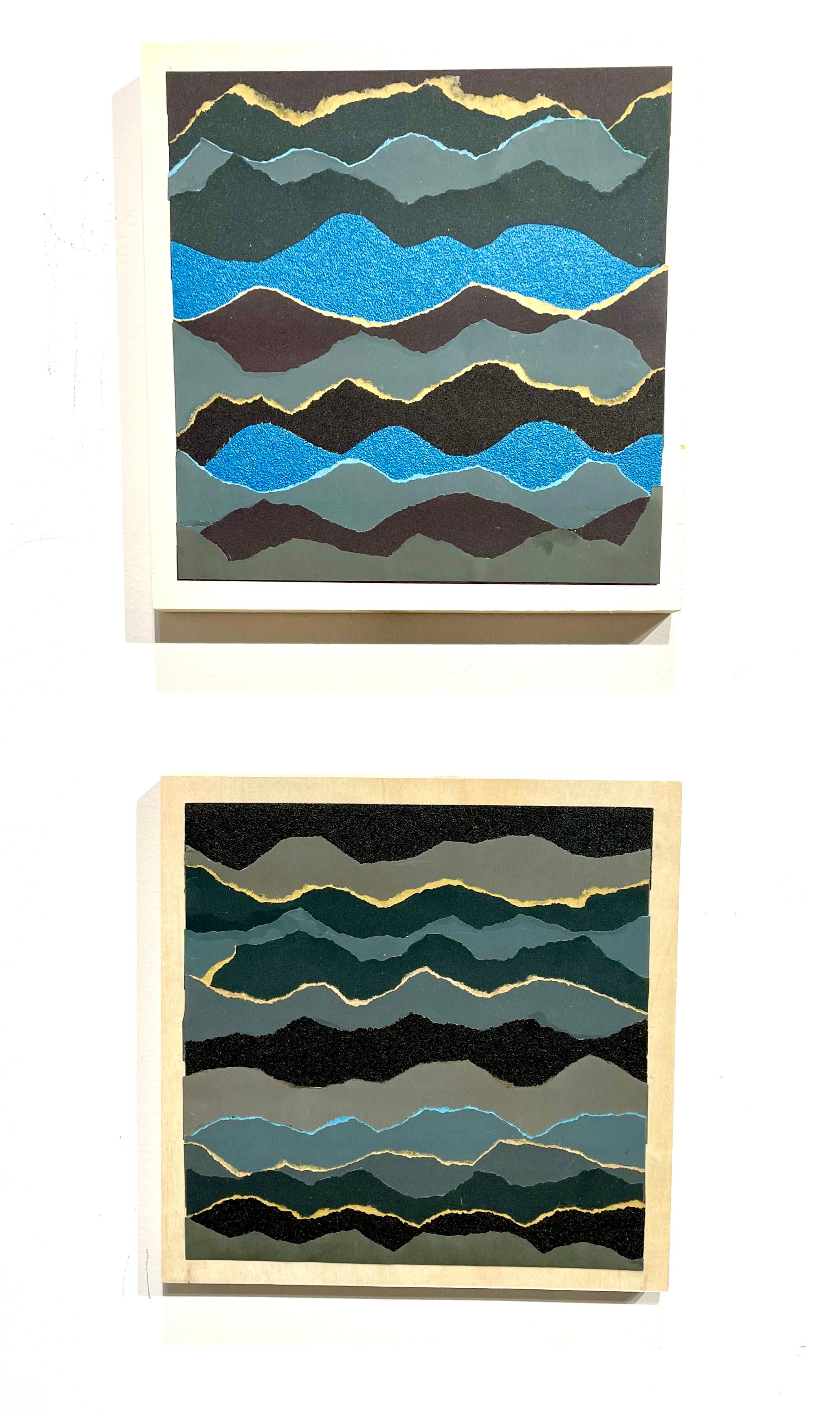 Fluctus 1  - Blau grau schwarz abstrakte Meereslandschaft Papier Collage auf Holzbrett im Angebot 2