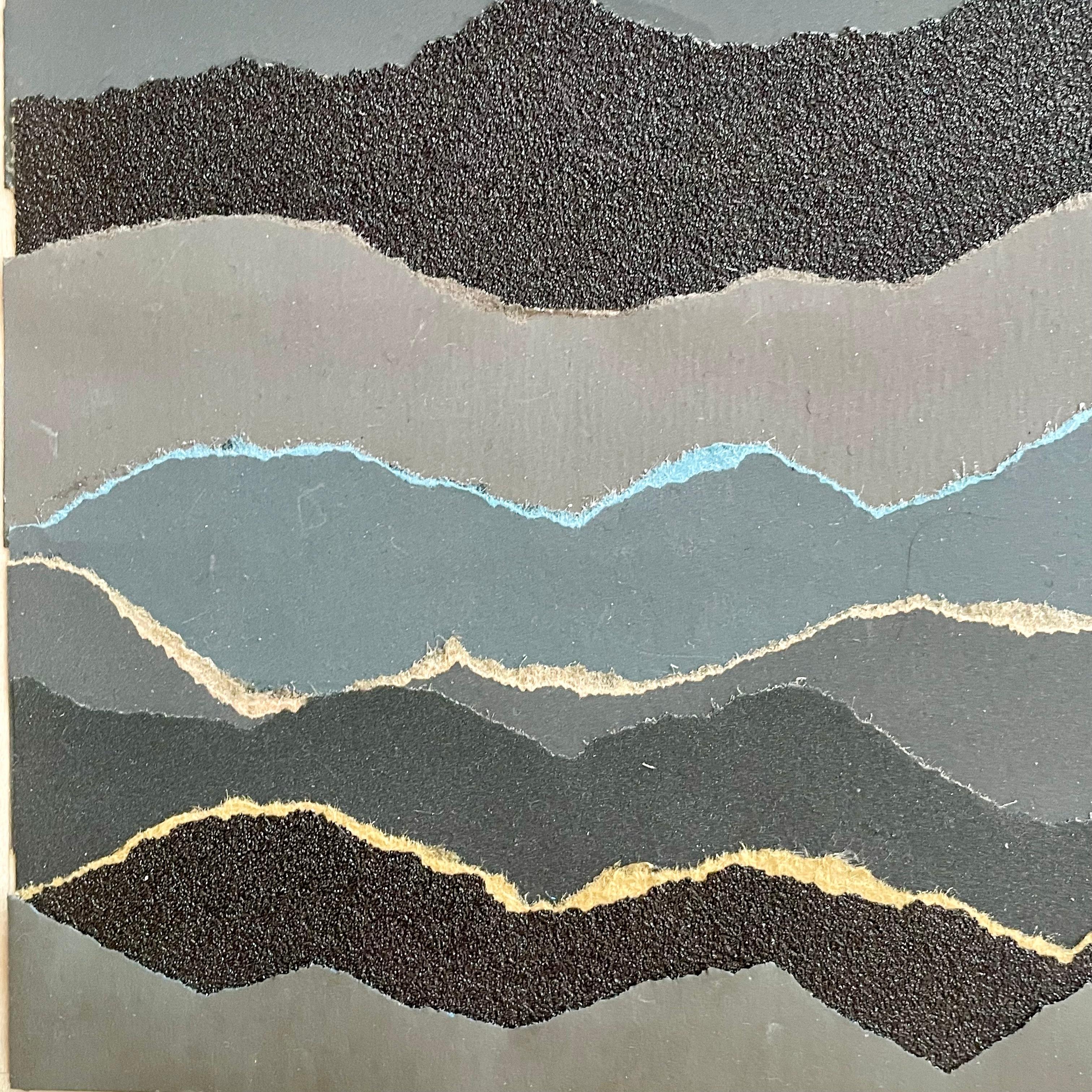 Fluctus 2  - Blue grey black abstract seascape paper collage on wood board For Sale 2