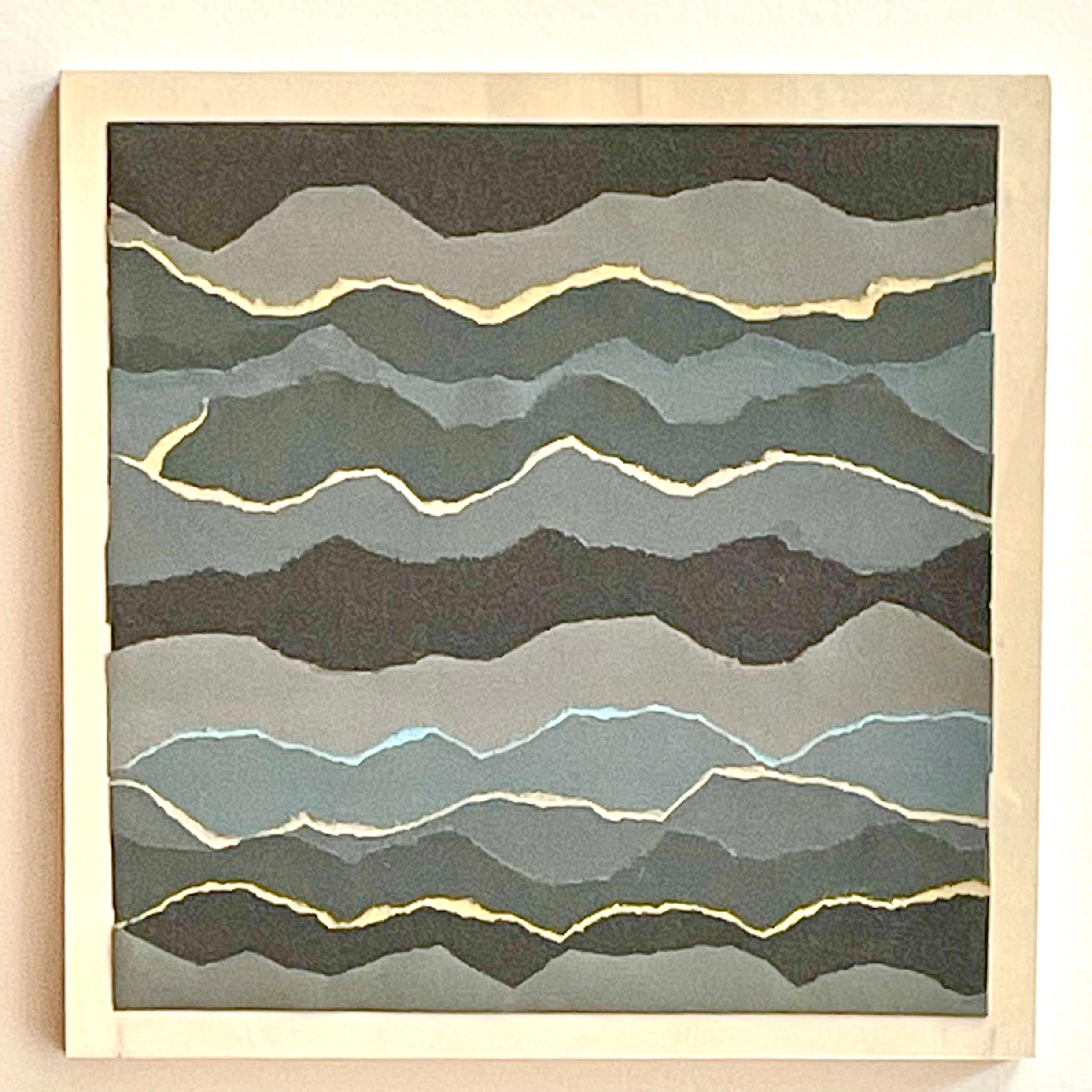 Marie Laforey Abstract Drawing - Fluctus 2  - Blue grey black abstract seascape paper collage on wood board