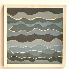 Fluctus 2  - Collage papier sur panneau de bois d'un paysage marin abstrait bleu gris noir