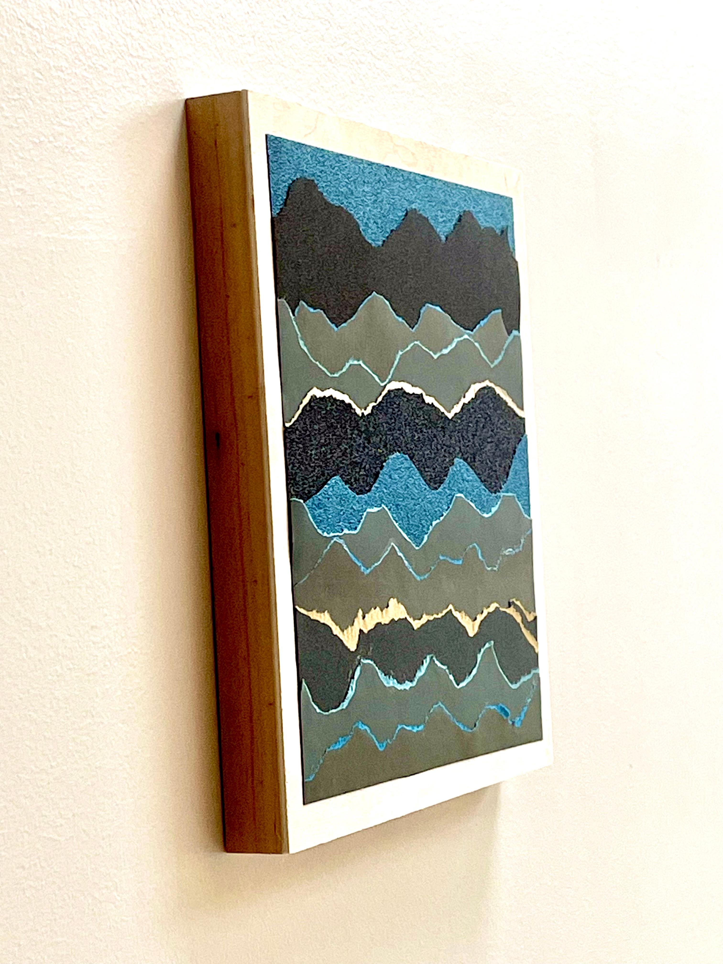 Fluctus 3  - Blue grey black abstract seascape paper collage on wood board - Art by Marie Laforey