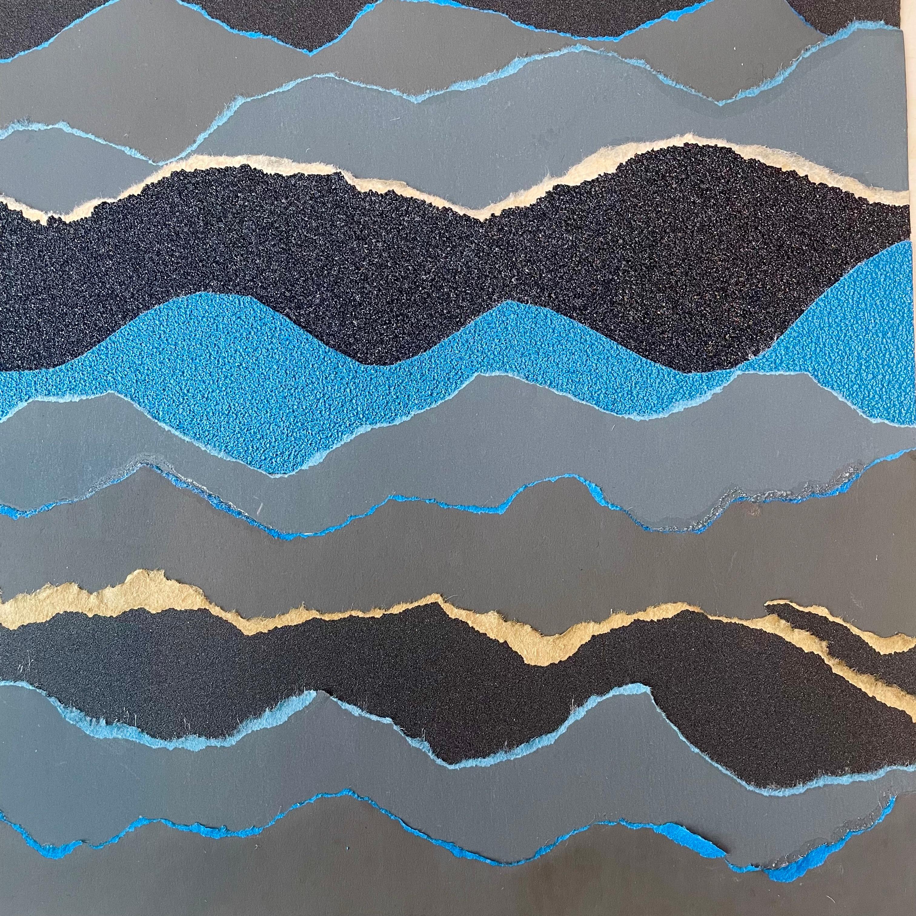 Fluctus 3  - Blue grey black abstract seascape paper collage on wood board For Sale 2