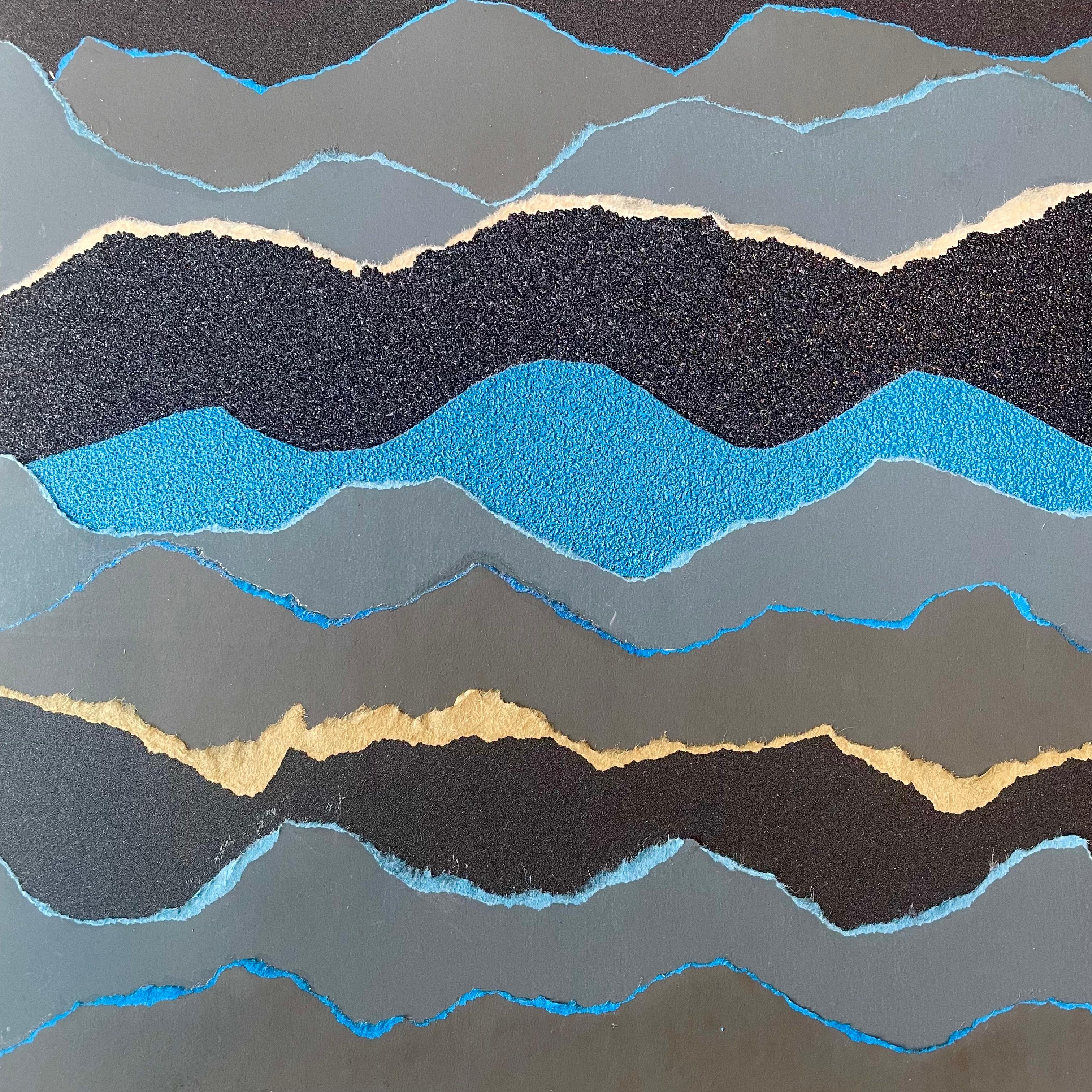 Fluctus 3  - Blue grey black abstract seascape paper collage on wood board For Sale 3