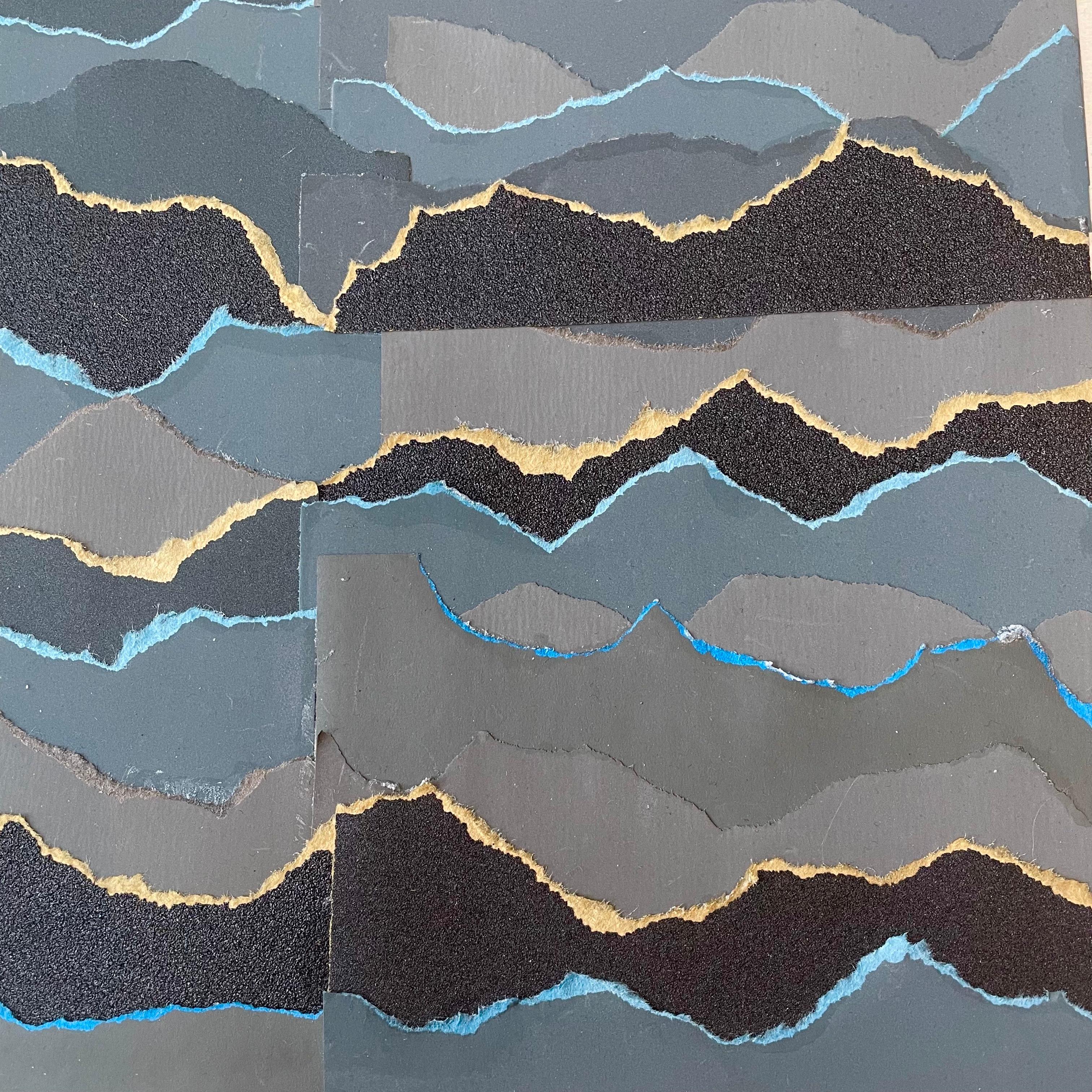 Fluctus 4  - Blue grey black abstract seascape paper collage on wood board For Sale 2