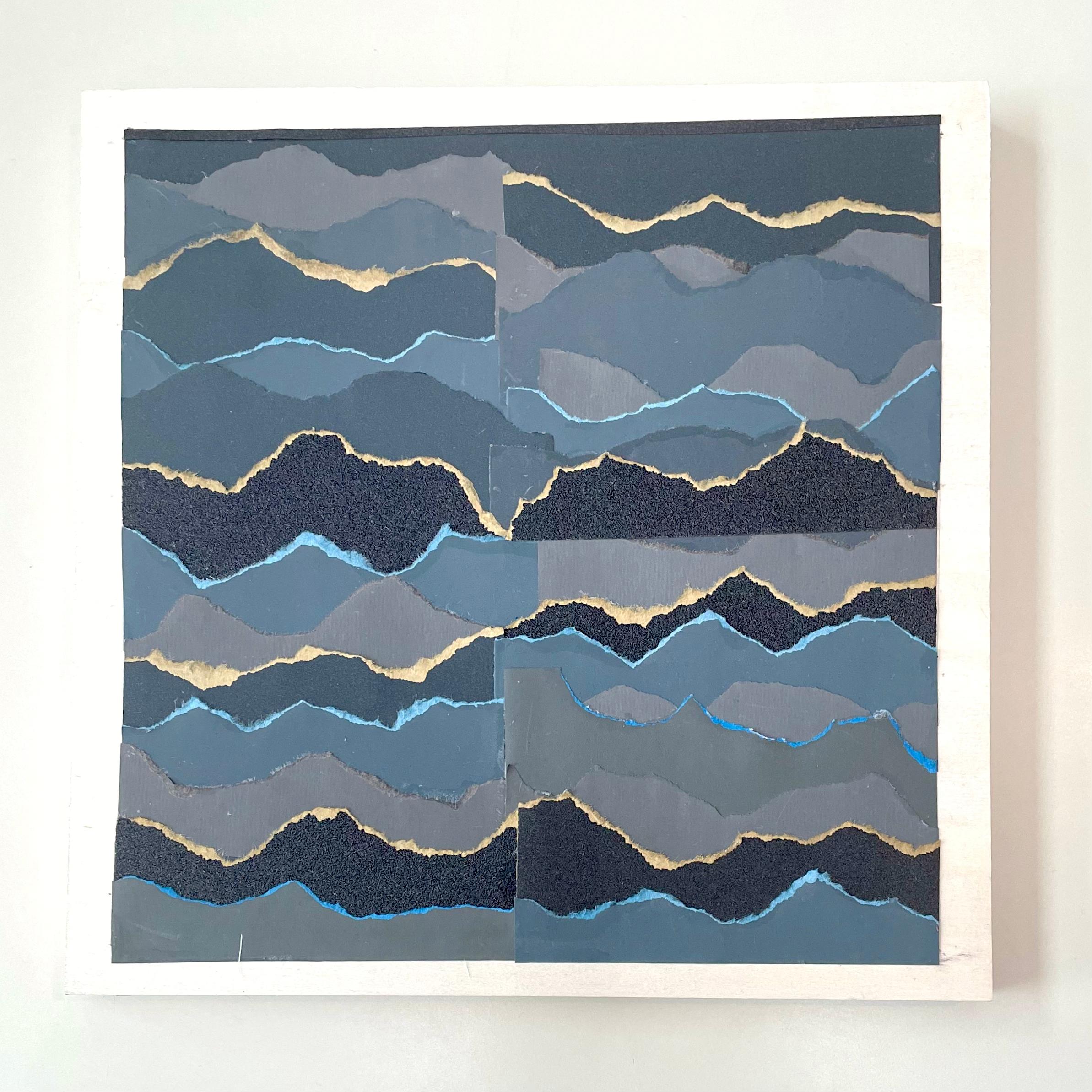 Marie Laforey Abstract Drawing - Fluctus 4  - Blue grey black abstract seascape paper collage on wood board