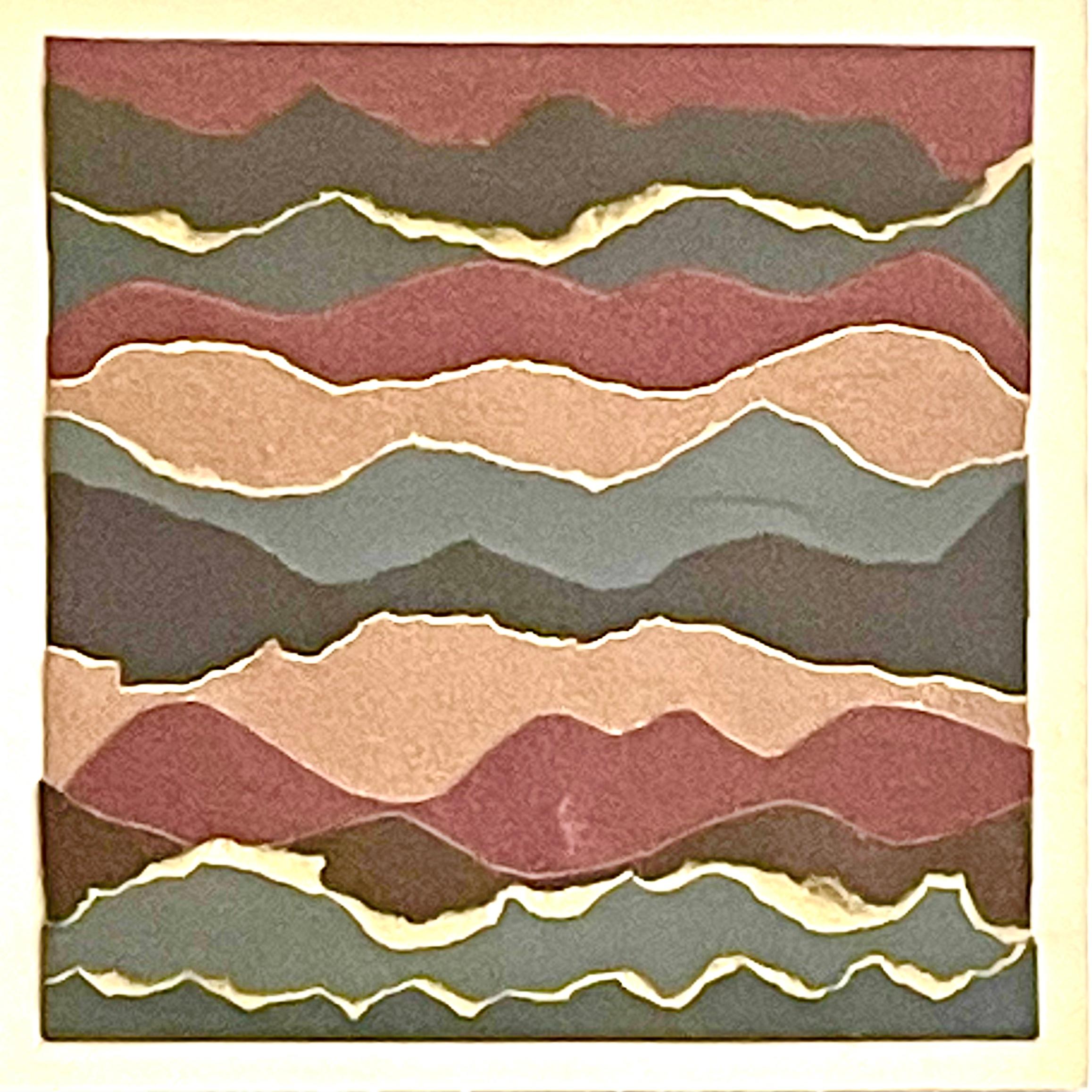 Fluctus 5 - Collage papier sur panneau de bois, paysage marin abstrait, rouge, gris et marron - Mixed Media Art de Marie Laforey