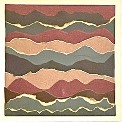 Fluctus 5 - Collage papier sur panneau de bois, paysage marin abstrait, rouge, gris et marron
