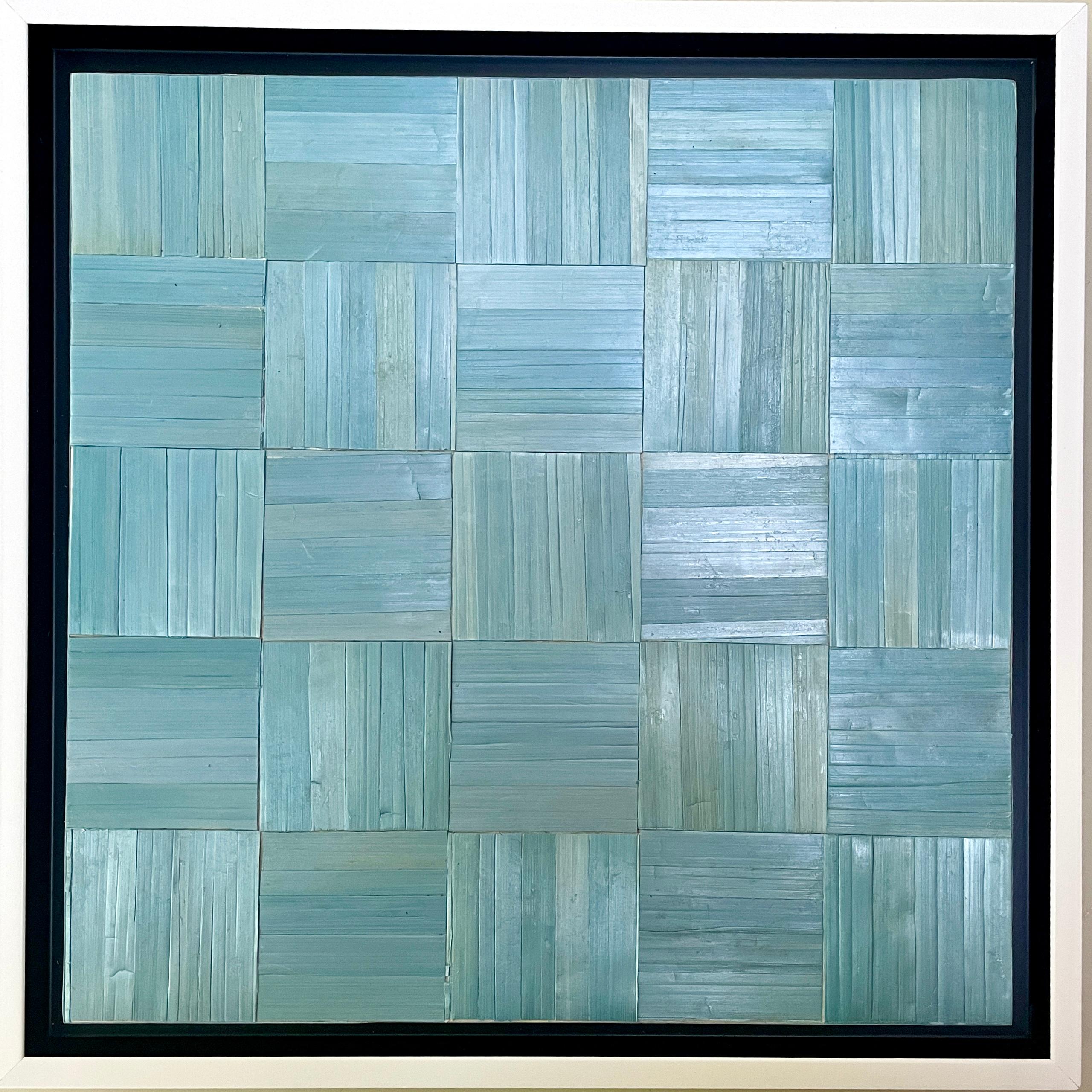 Lumen 1 Azul claro: obra abstracta geométrica en marquetería con paja de trigo sobre tabla - Mixed Media Art de Marie Laforey