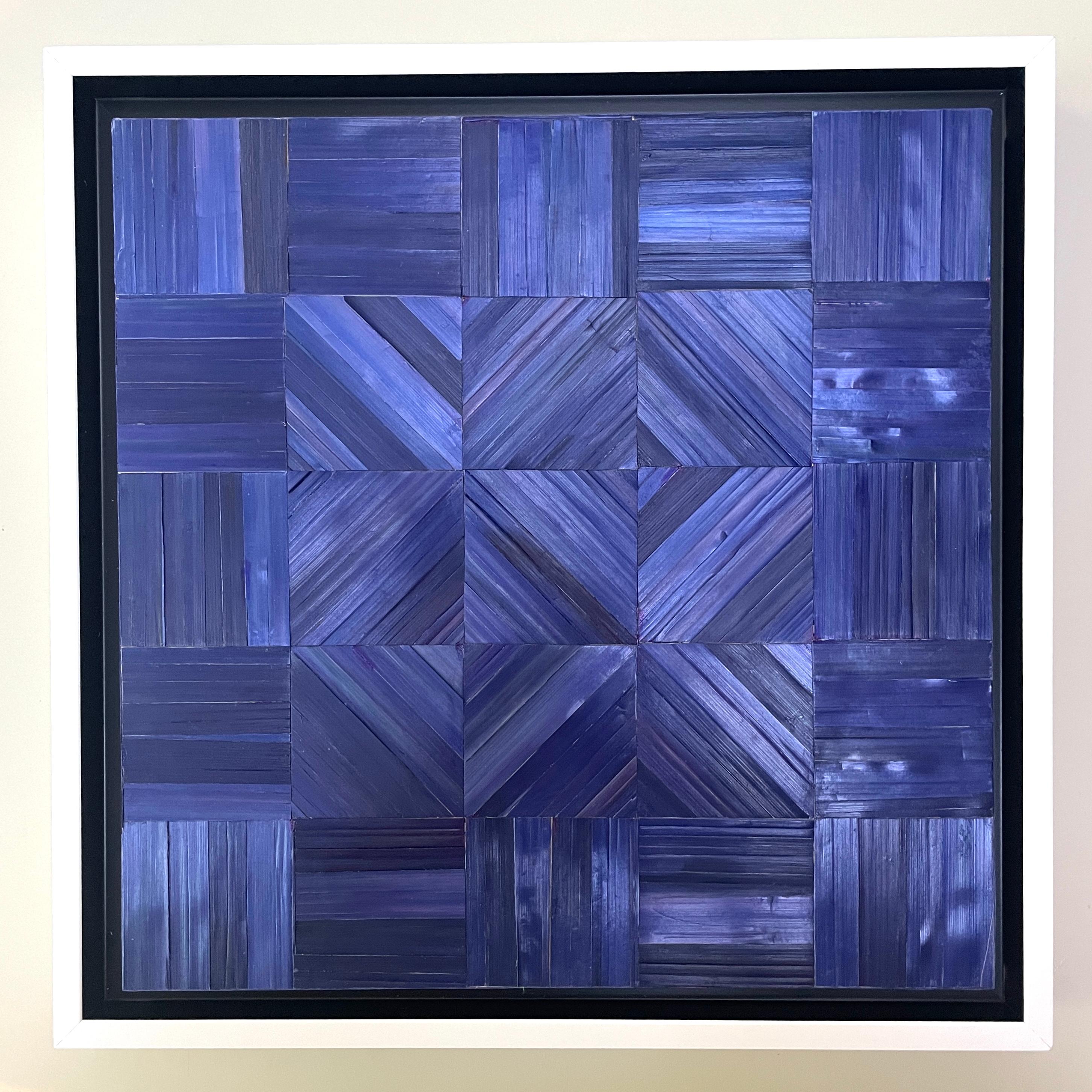 Lumen 3 Navy Blue: marquetry abstract geometric work with wheat straw on board - Mixed Media Art by Marie Laforey