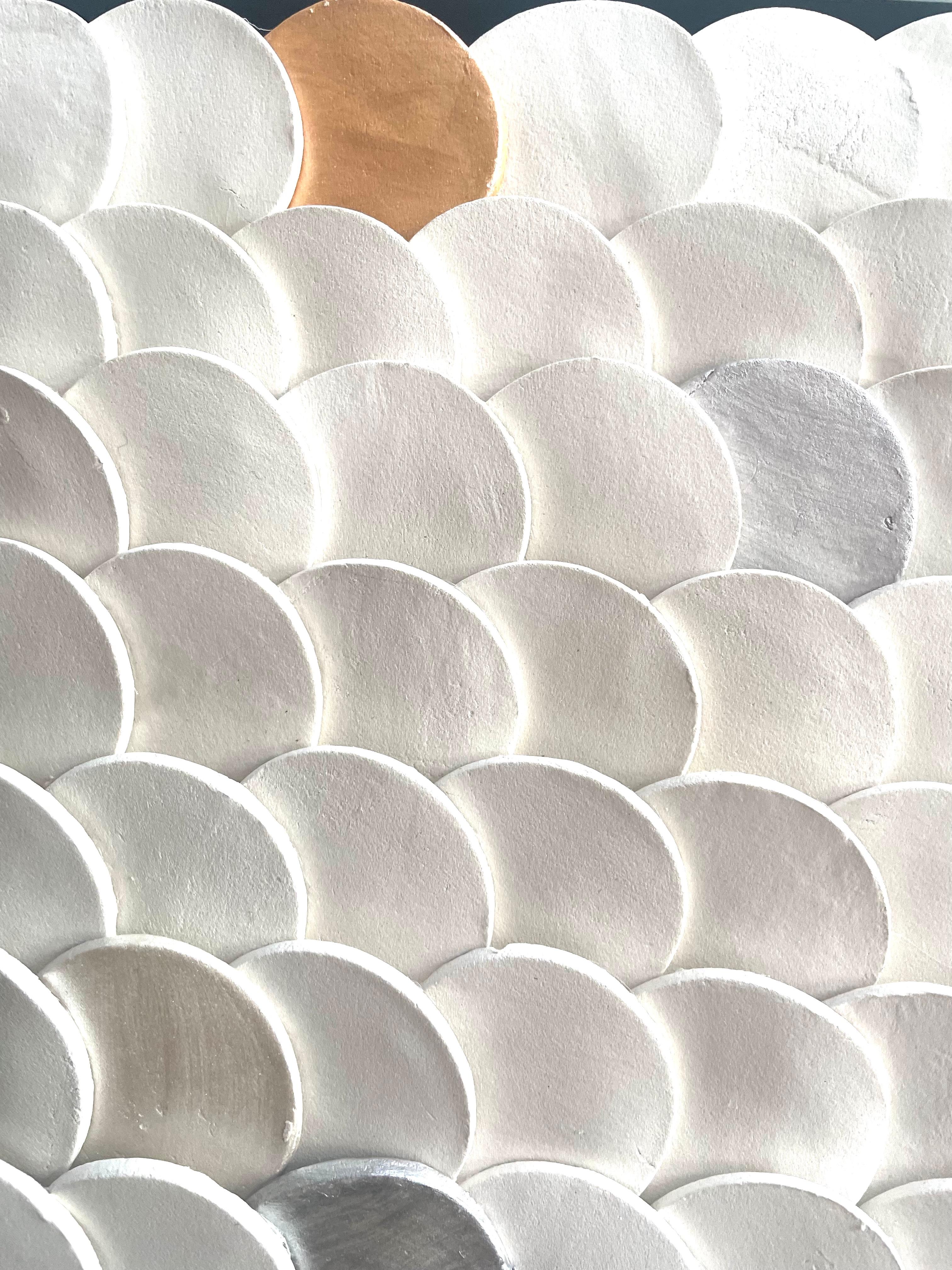 Squamae G4 - gold, silver 3D abstract geometric ceramic wall composition - Beige Abstract Sculpture by Marie Laforey