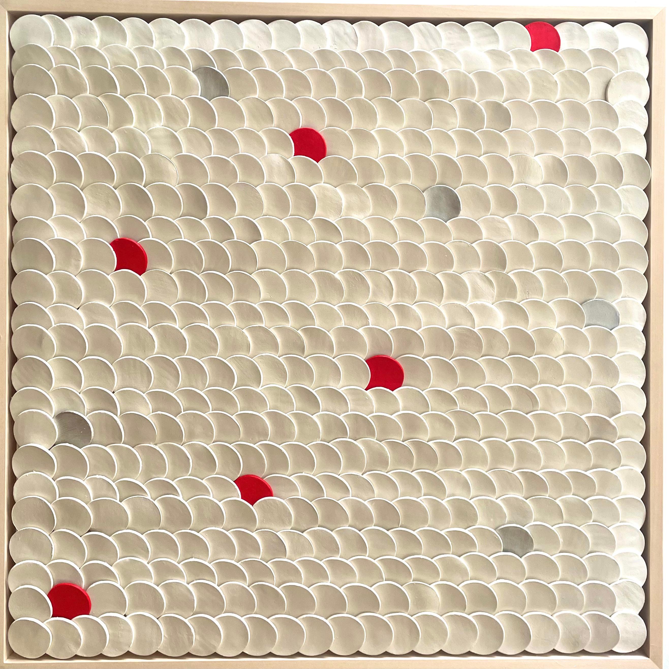 Squamae V - red, silver and white 3D abstract geometric ceramic wall composition - Sculpture by Marie Laforey