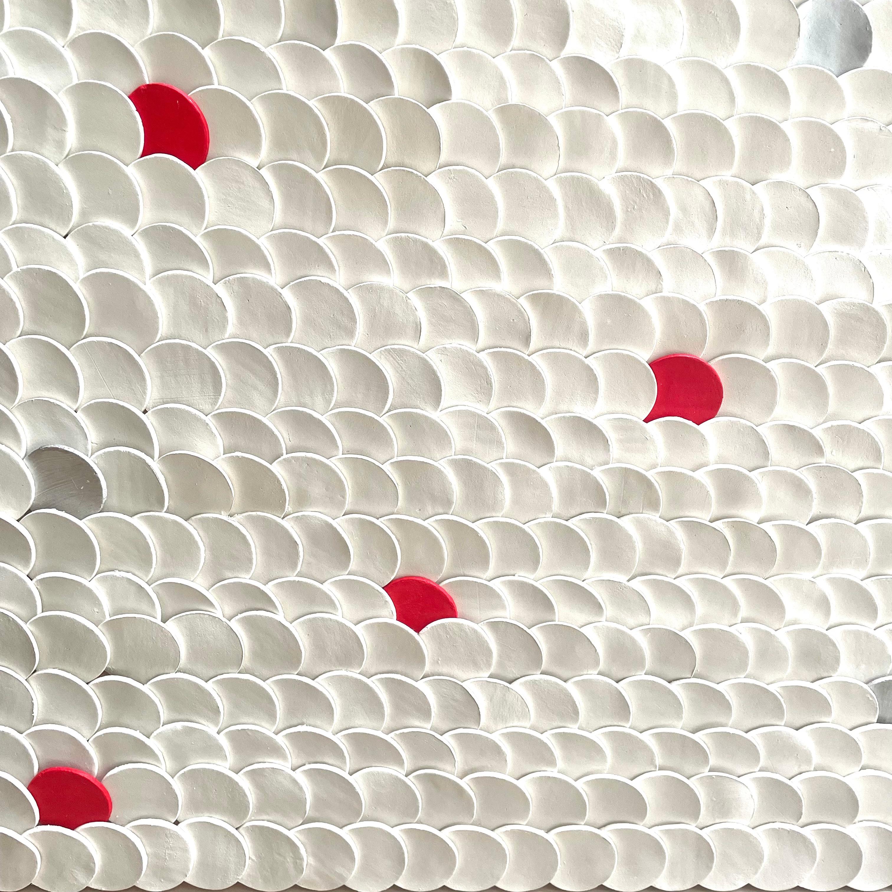 Squamae V - red, silver and white 3D abstract geometric ceramic wall composition - Contemporary Sculpture by Marie Laforey