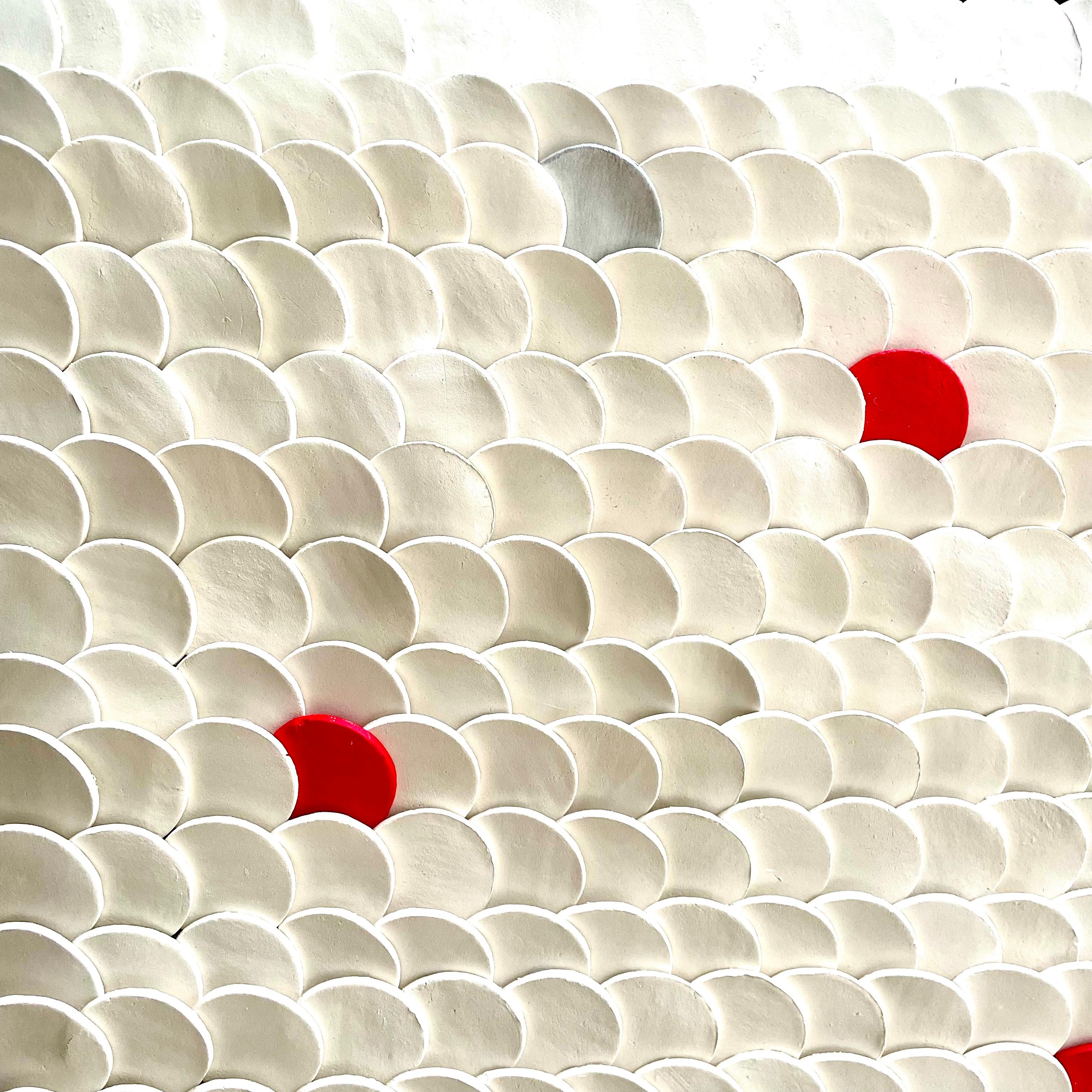Squamae V - red, silver and white 3D abstract geometric ceramic wall composition - Beige Abstract Sculpture by Marie Laforey