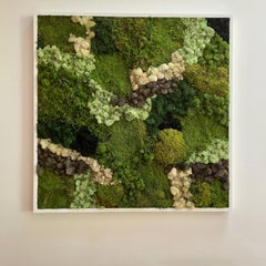 Viridi #50- framed abstract moss garden wall composition green, grey and white